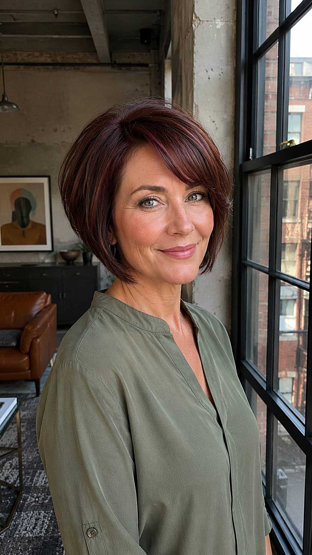 Deep cranberry red chin-length stacked bob with layers