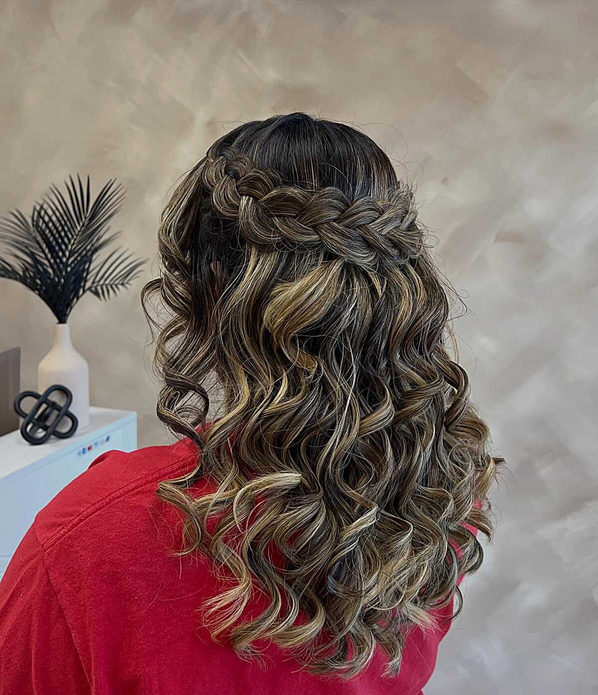 Crown Braid Half Up with Highlighted Spiral Curls