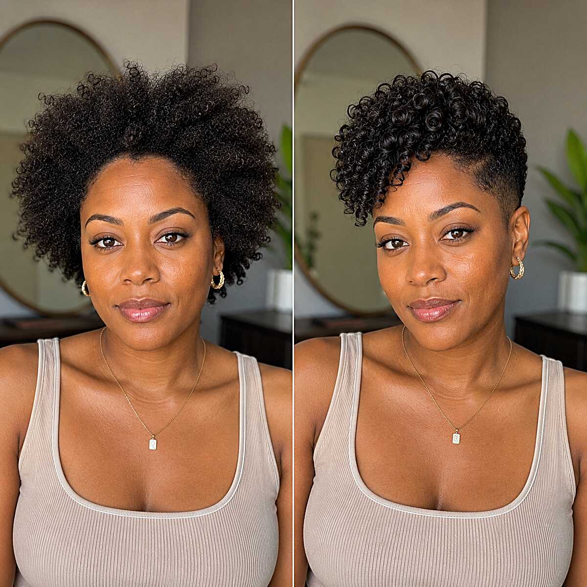 Before and after curly tapered cut with faded sides