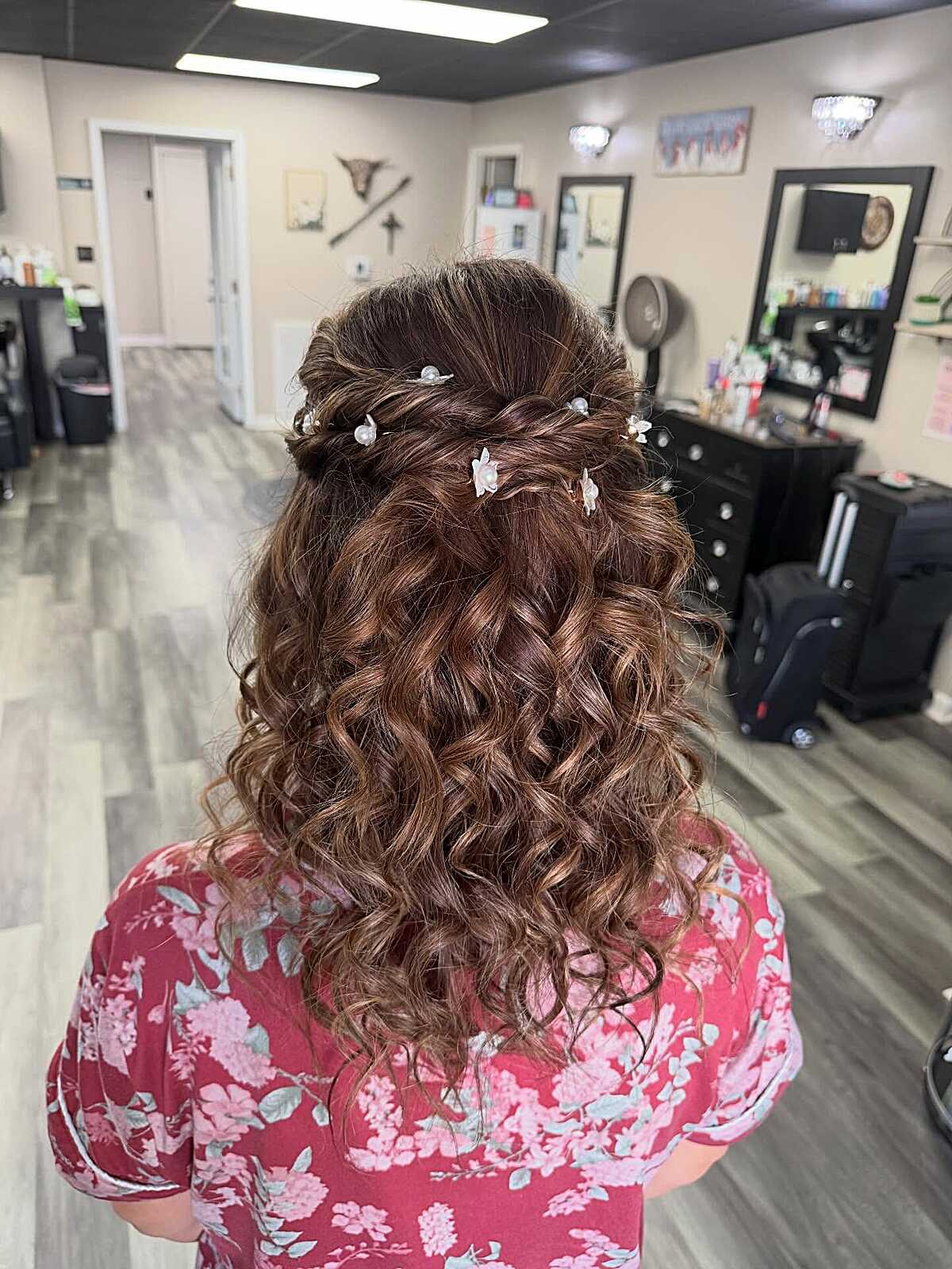 Curly Textured Half Up with Dainty Flower Pins