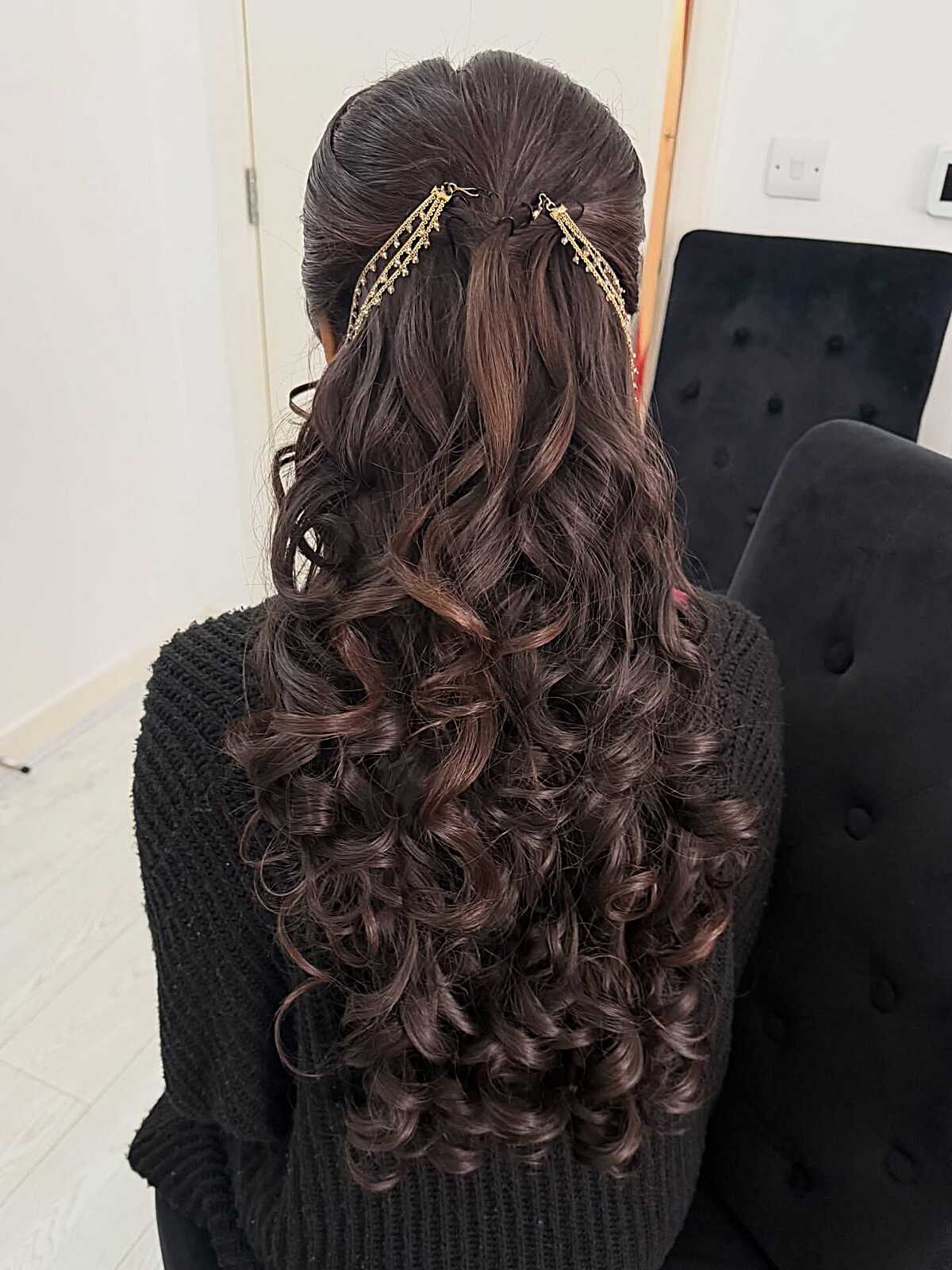 Dark Brunette Curls with Gold Chain Hair Clips