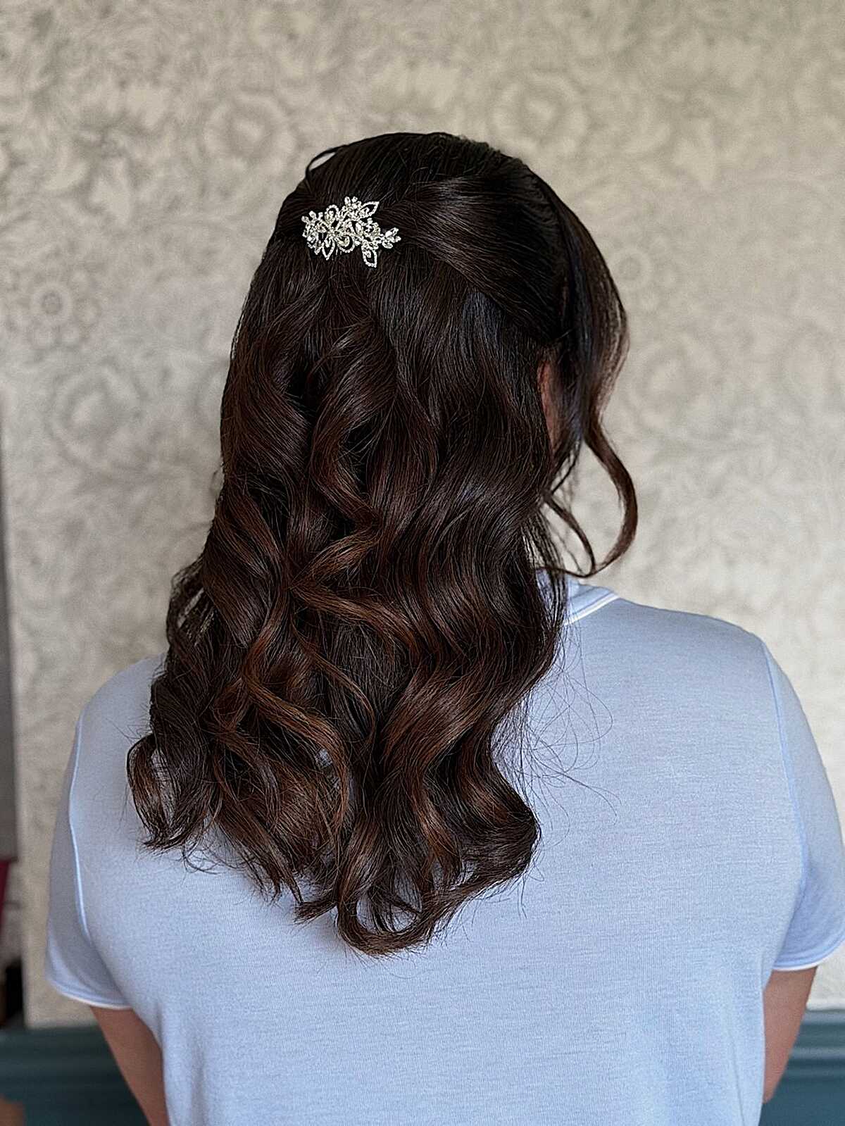 Dark Brunette Waves with Crystal Clip Half Up