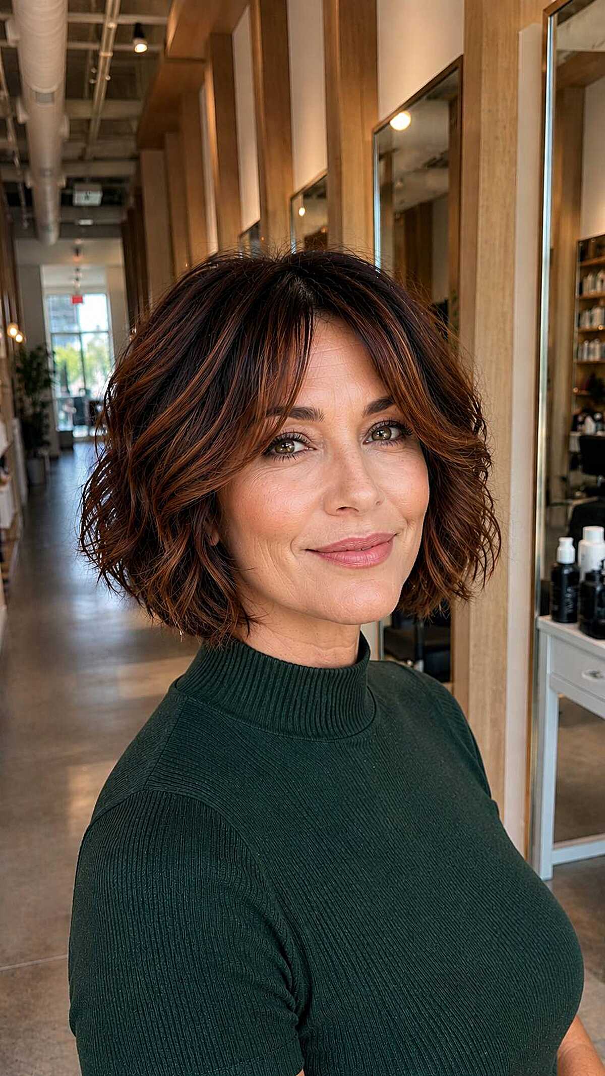 Dark brown tousled chin-length bob with auburn highlights