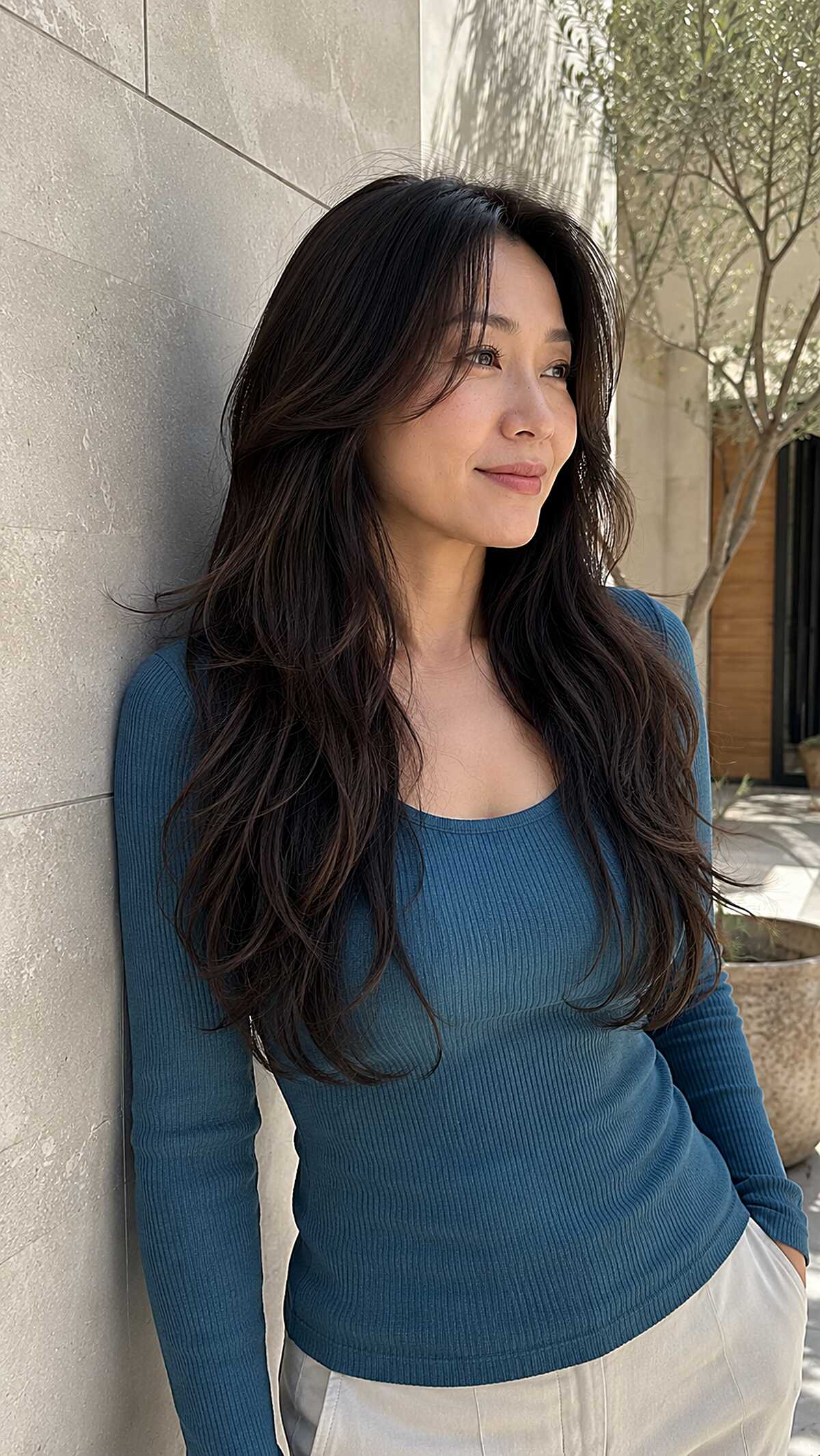 Dark chocolate tousled long layered hair outdoors