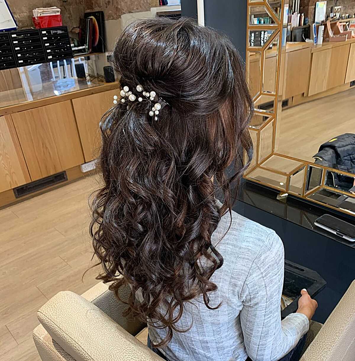 Dark Curls Half Up with Pearl Pin Accent
