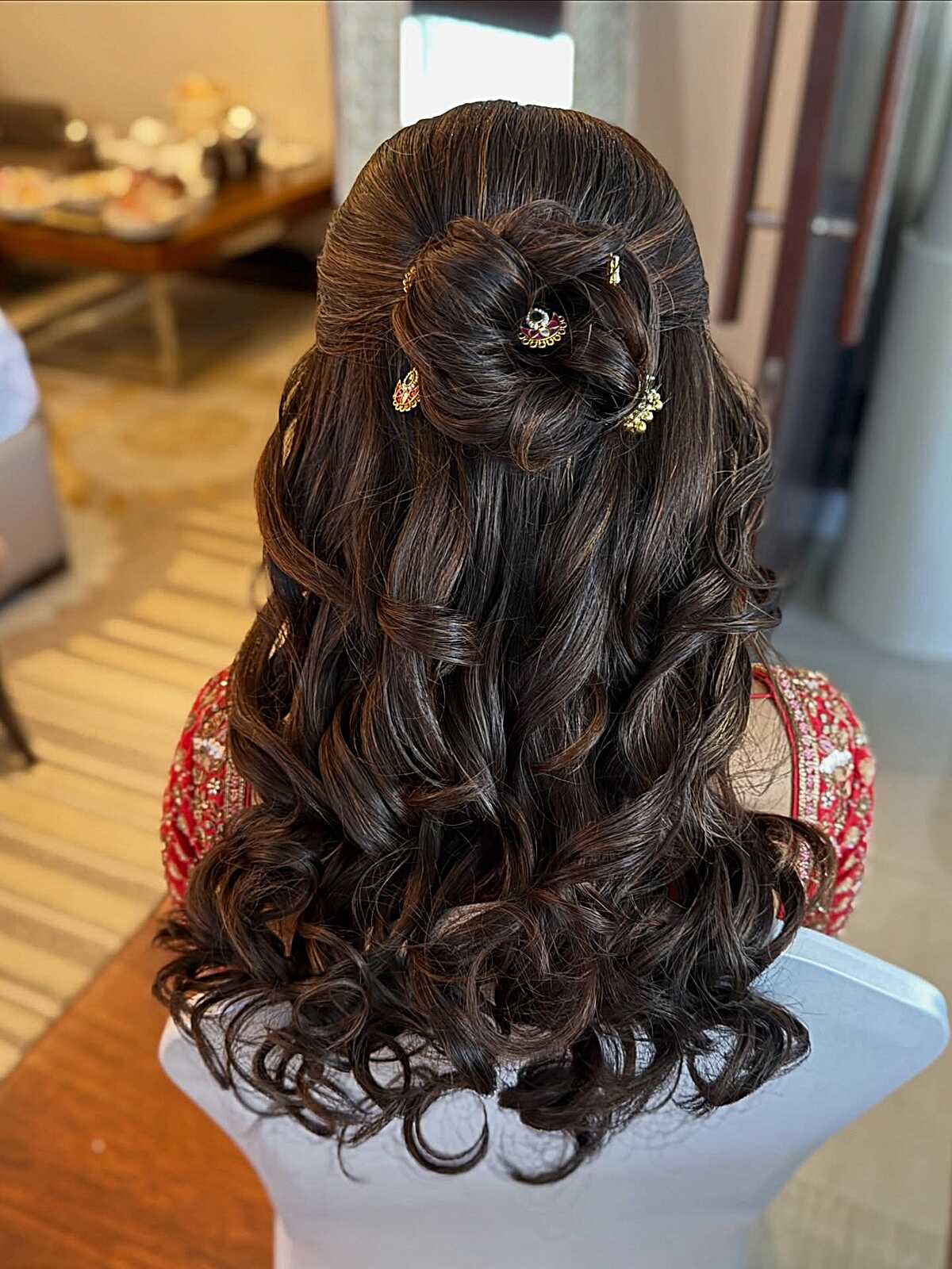 Dark Curls Half Up with Rosette Bun and Jeweled Pins