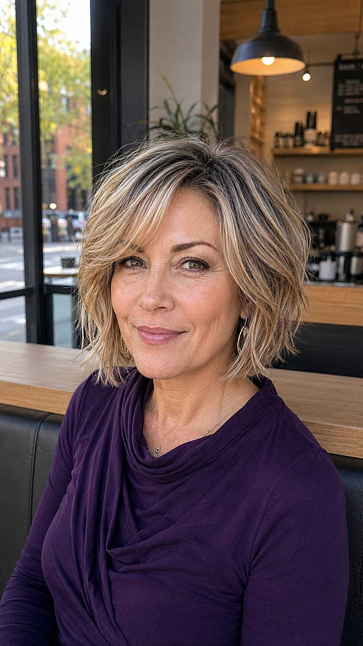 Dark rooted blonde shaggy chin-length bob with flipped ends