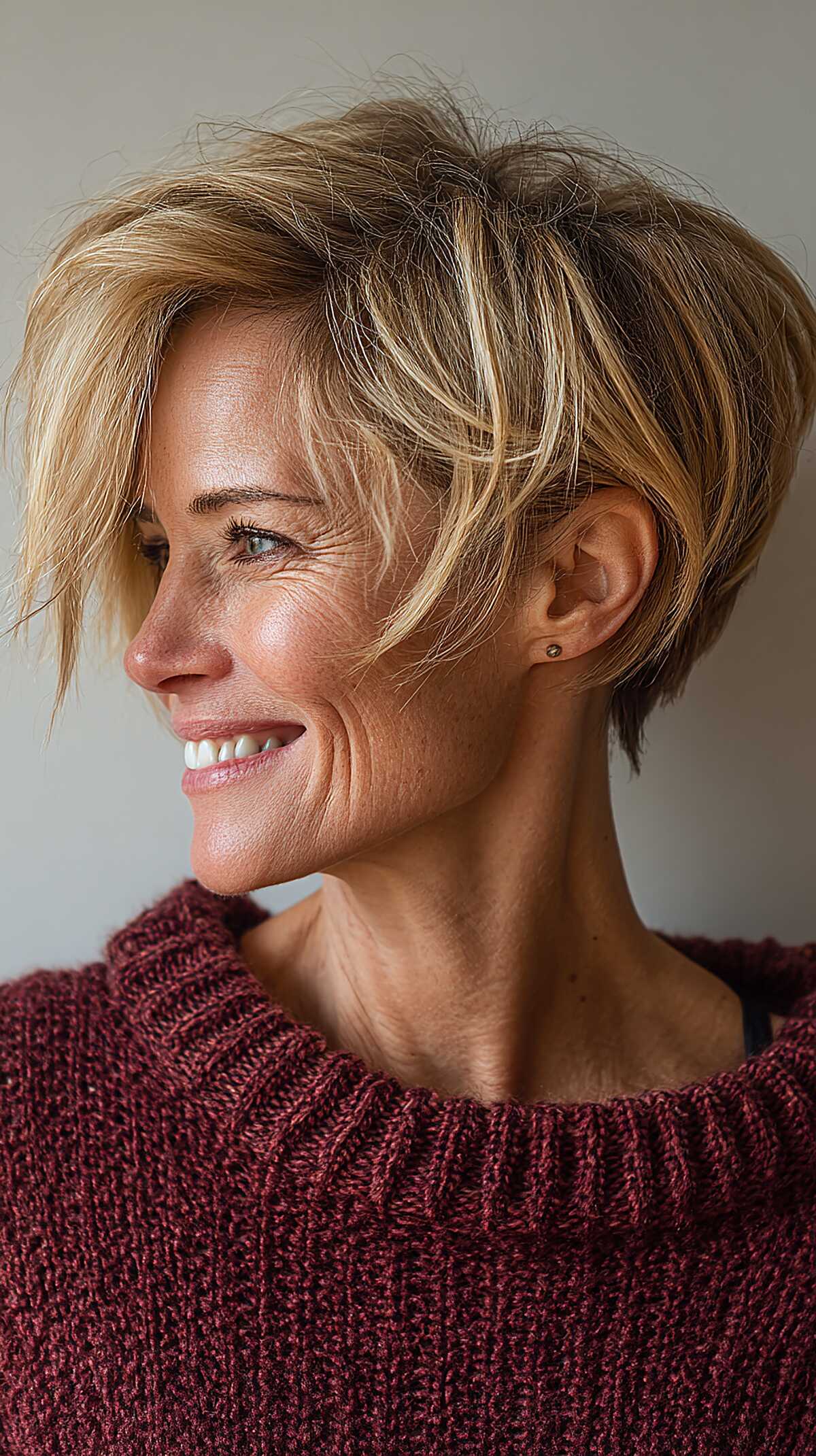 Dimensional dirty blonde angled pixie bob with highlights