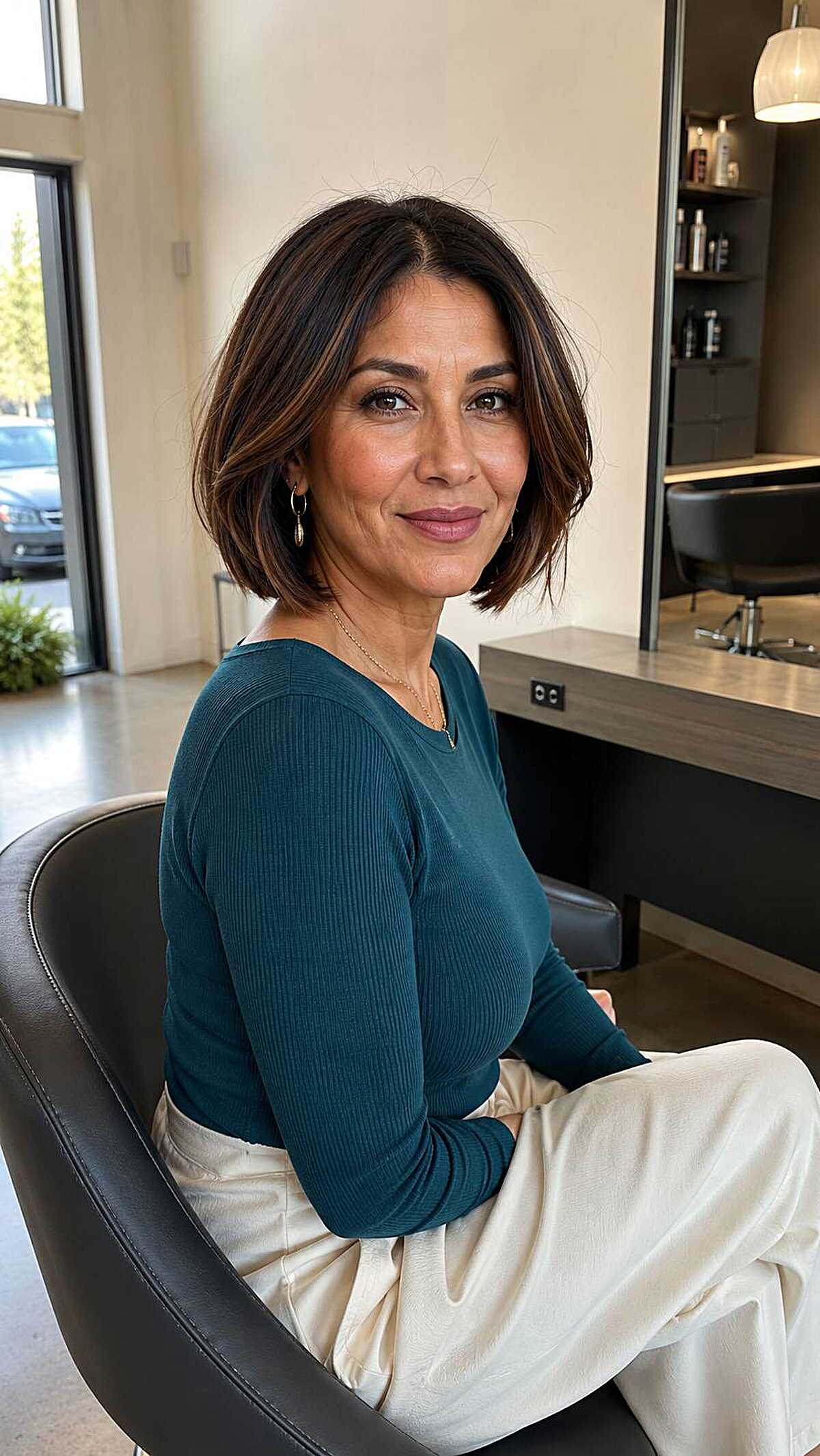 Dark espresso chin-length bob with soft warm highlights