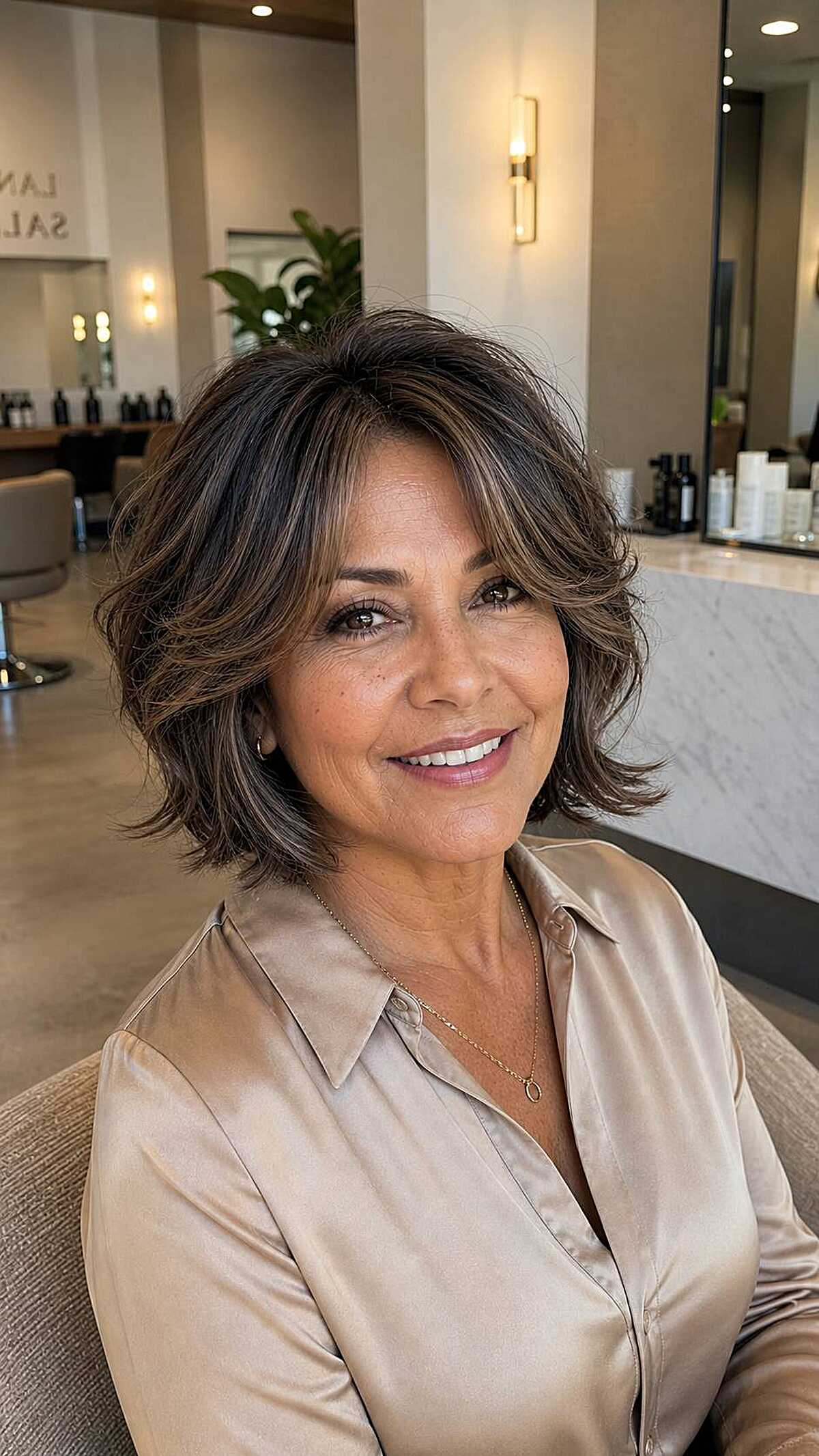 Feathered brunette chin-length shag bob with volume