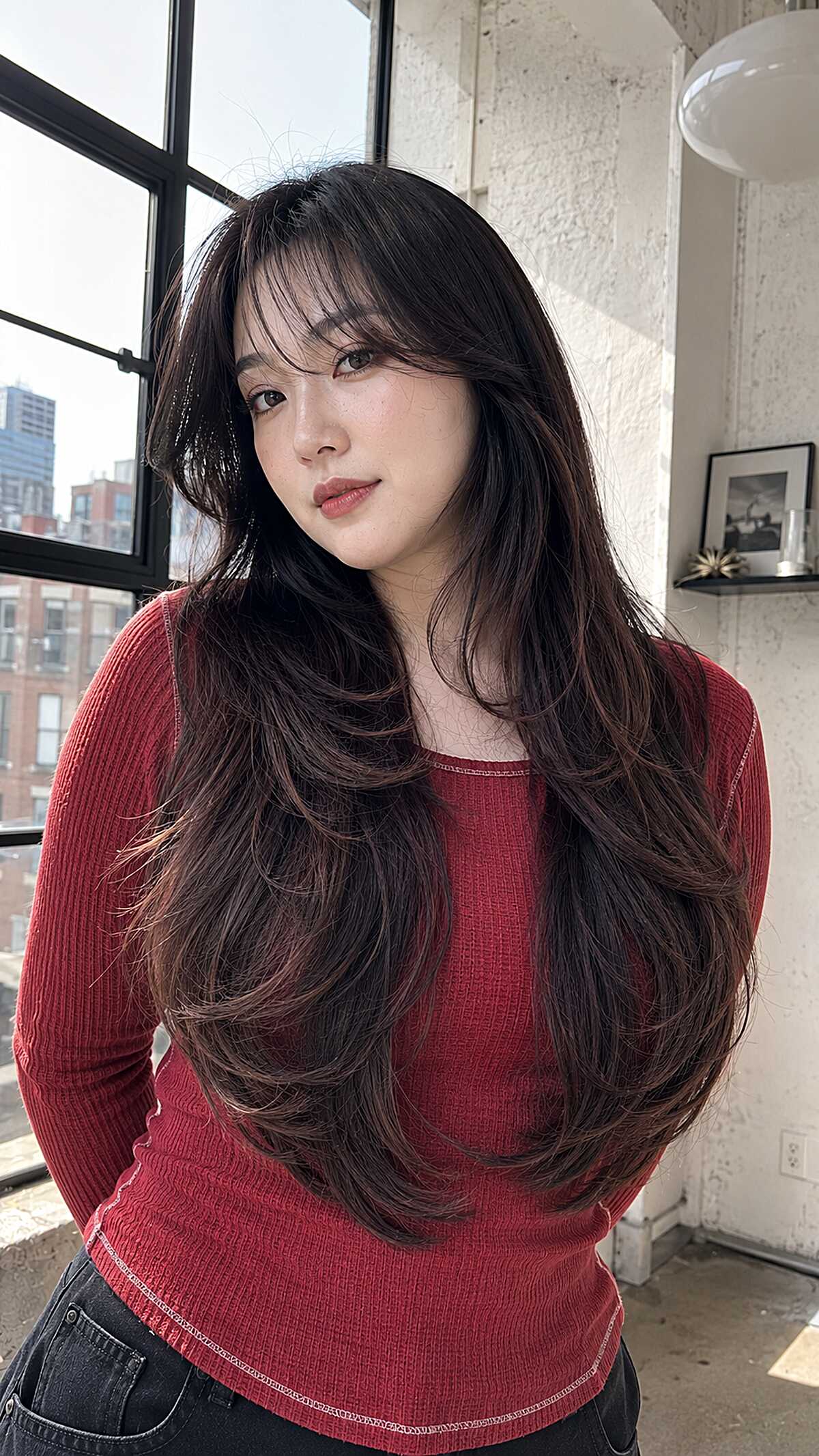 Full-volume butterfly layers on long dark brown hair