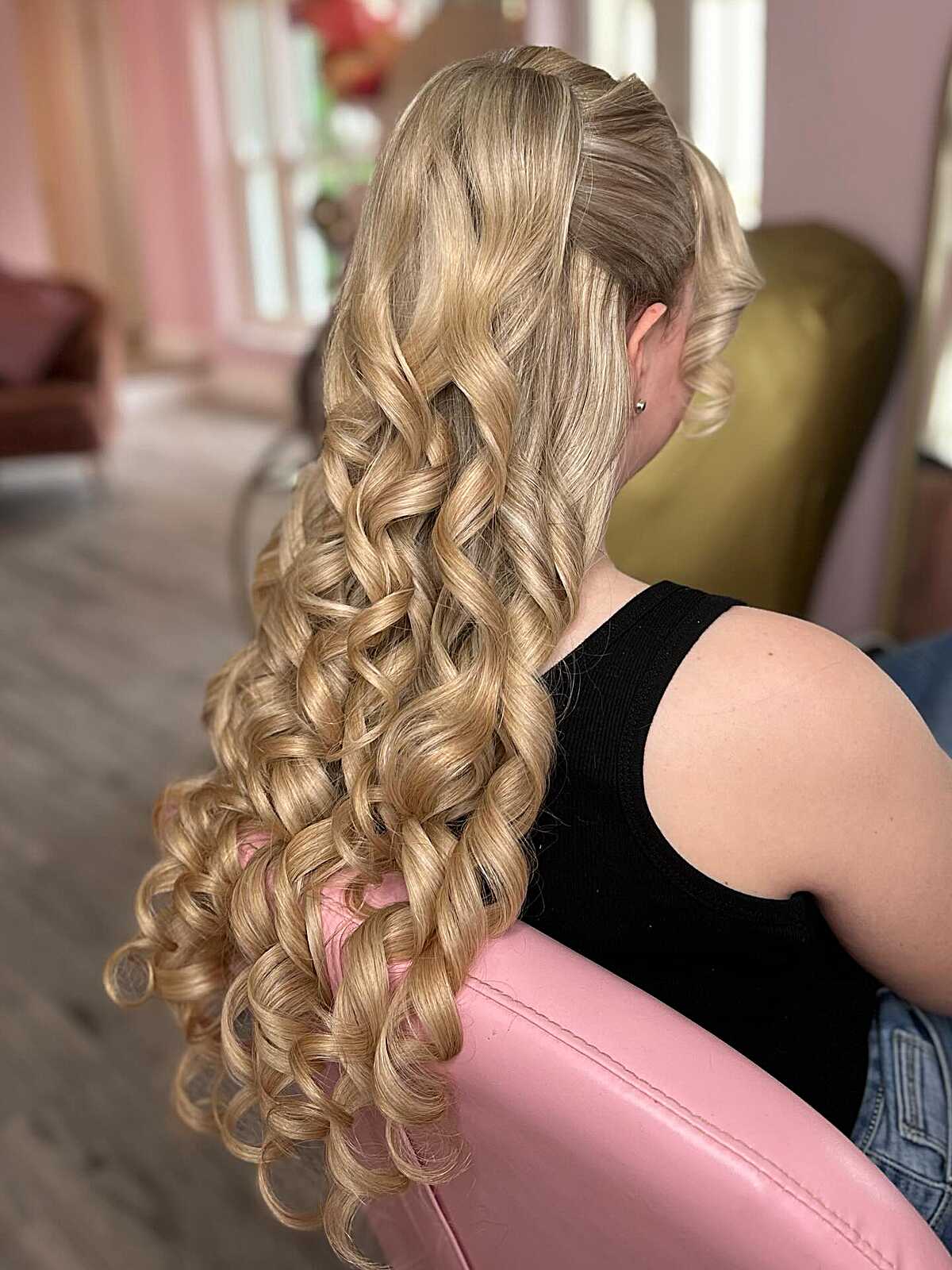 Golden Blonde Cascading Curls with Crown Volume