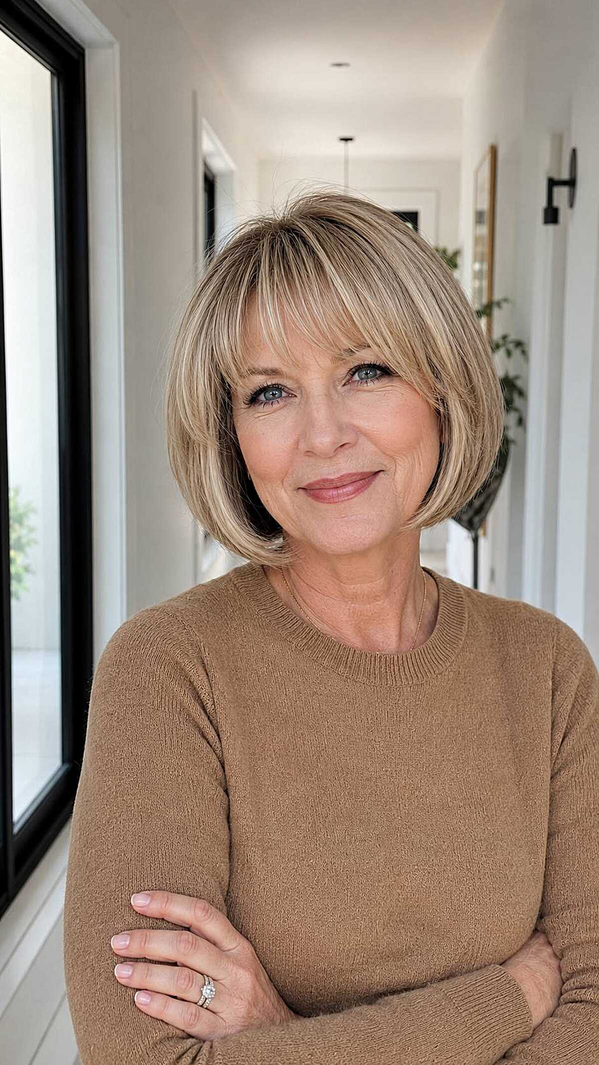 Honey blonde chin-length bob with soft wispy bangs