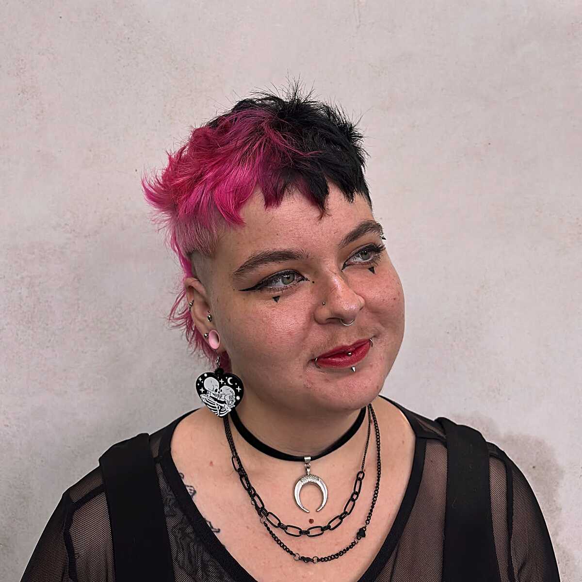 Cropped shag with hot pink front and black back sections