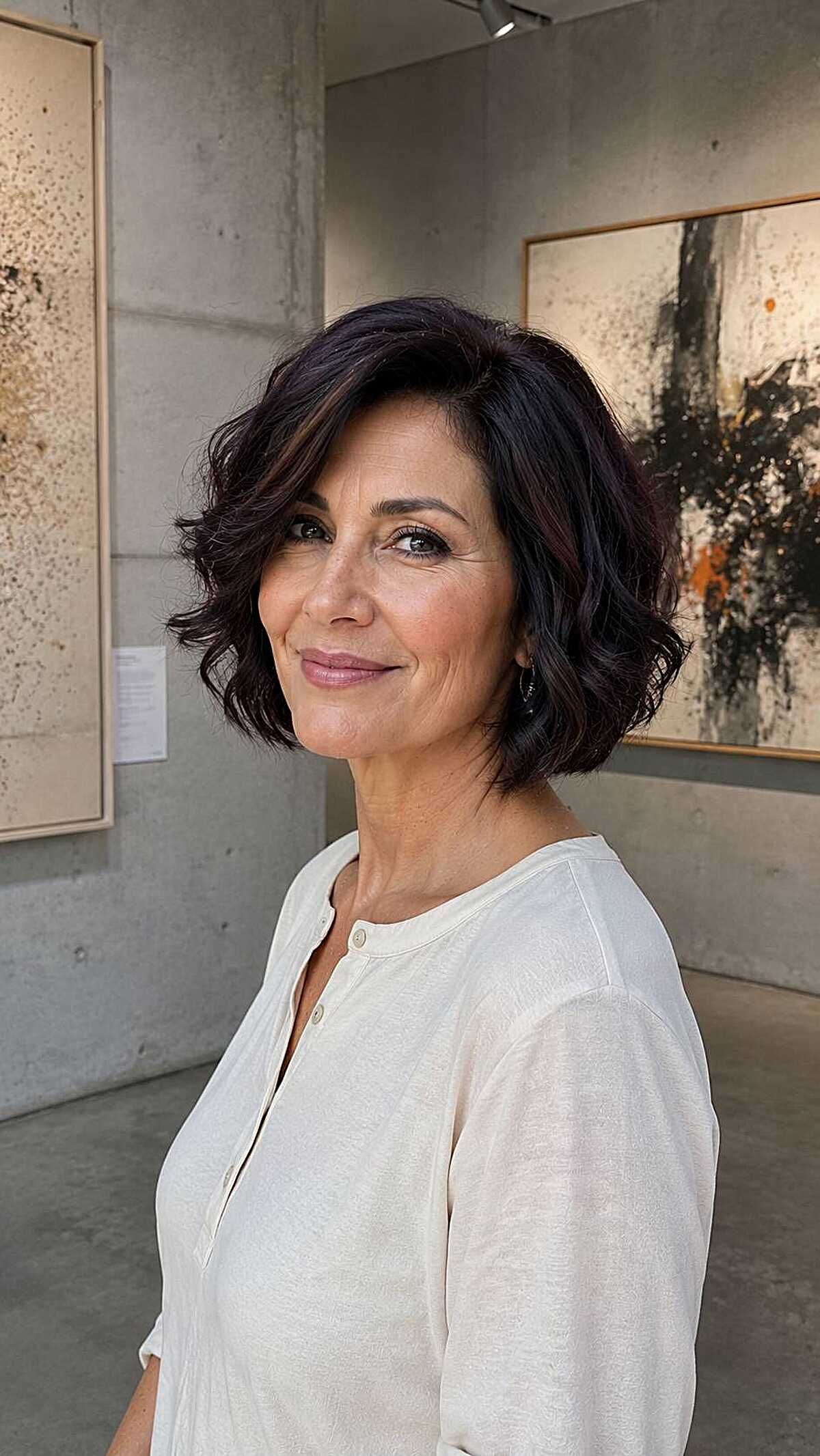 Black wavy chin-length bob with plum undertones