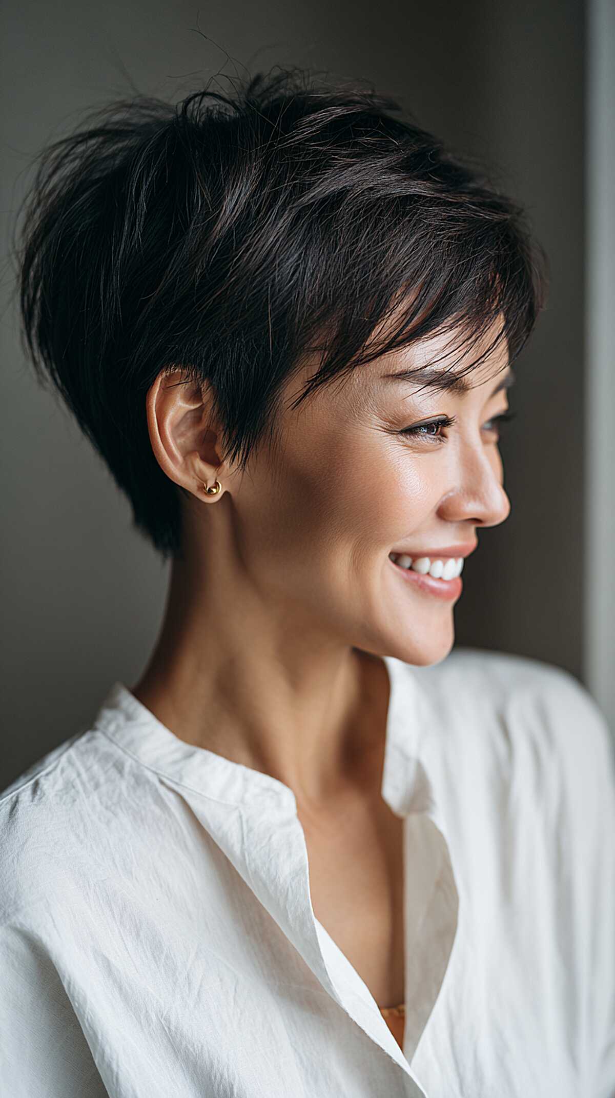 Jet black angled pixie cut with wispy textured layers