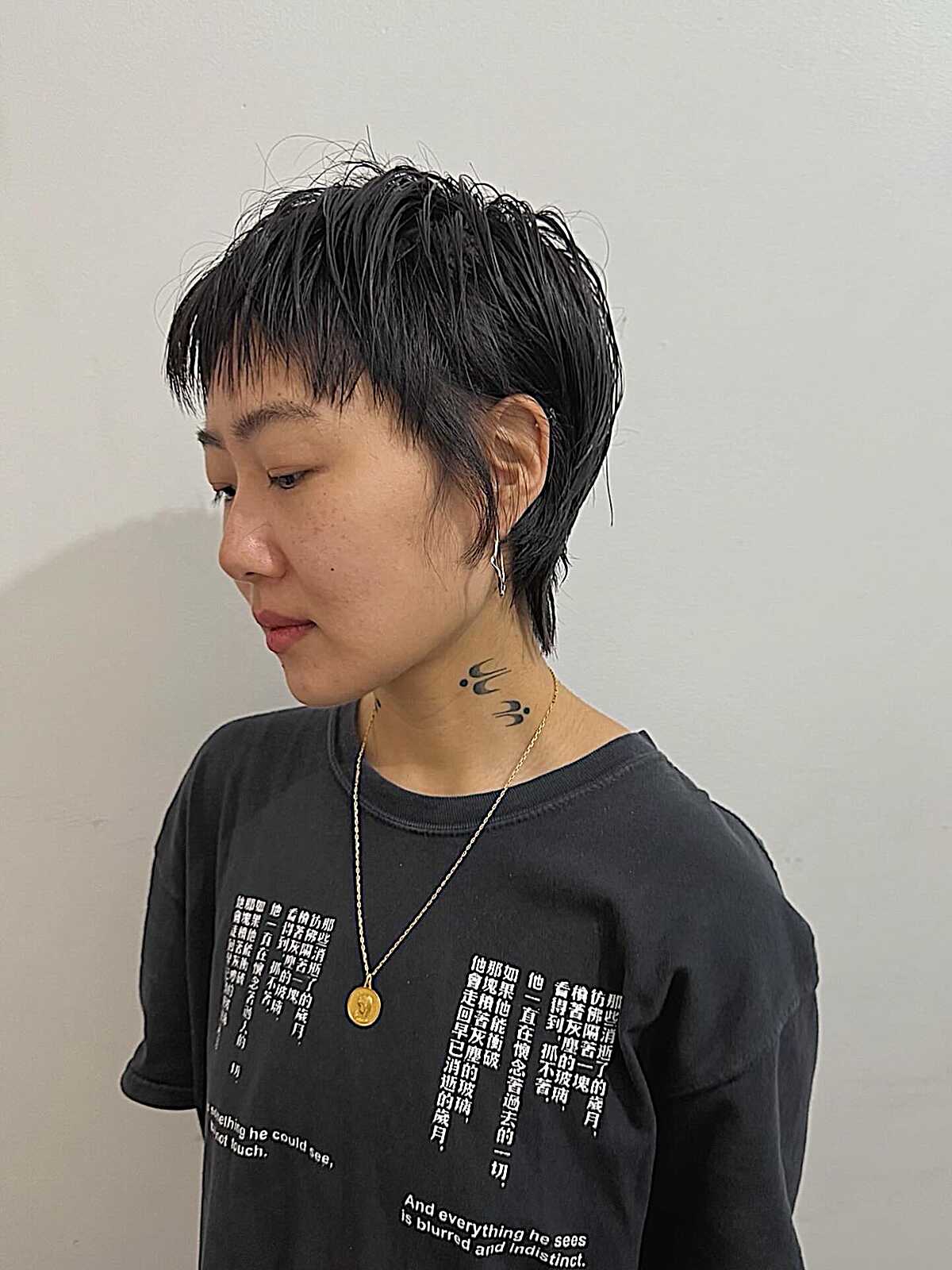 Jet black short crop with piecey baby bangs and layers