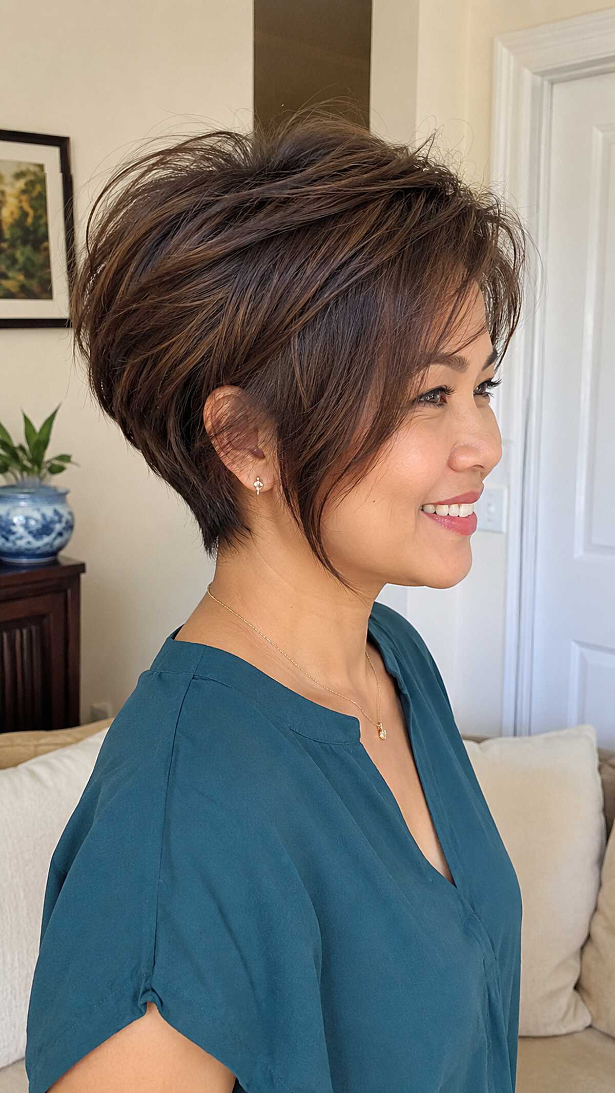 Layered chocolate brown angled pixie bob with volume