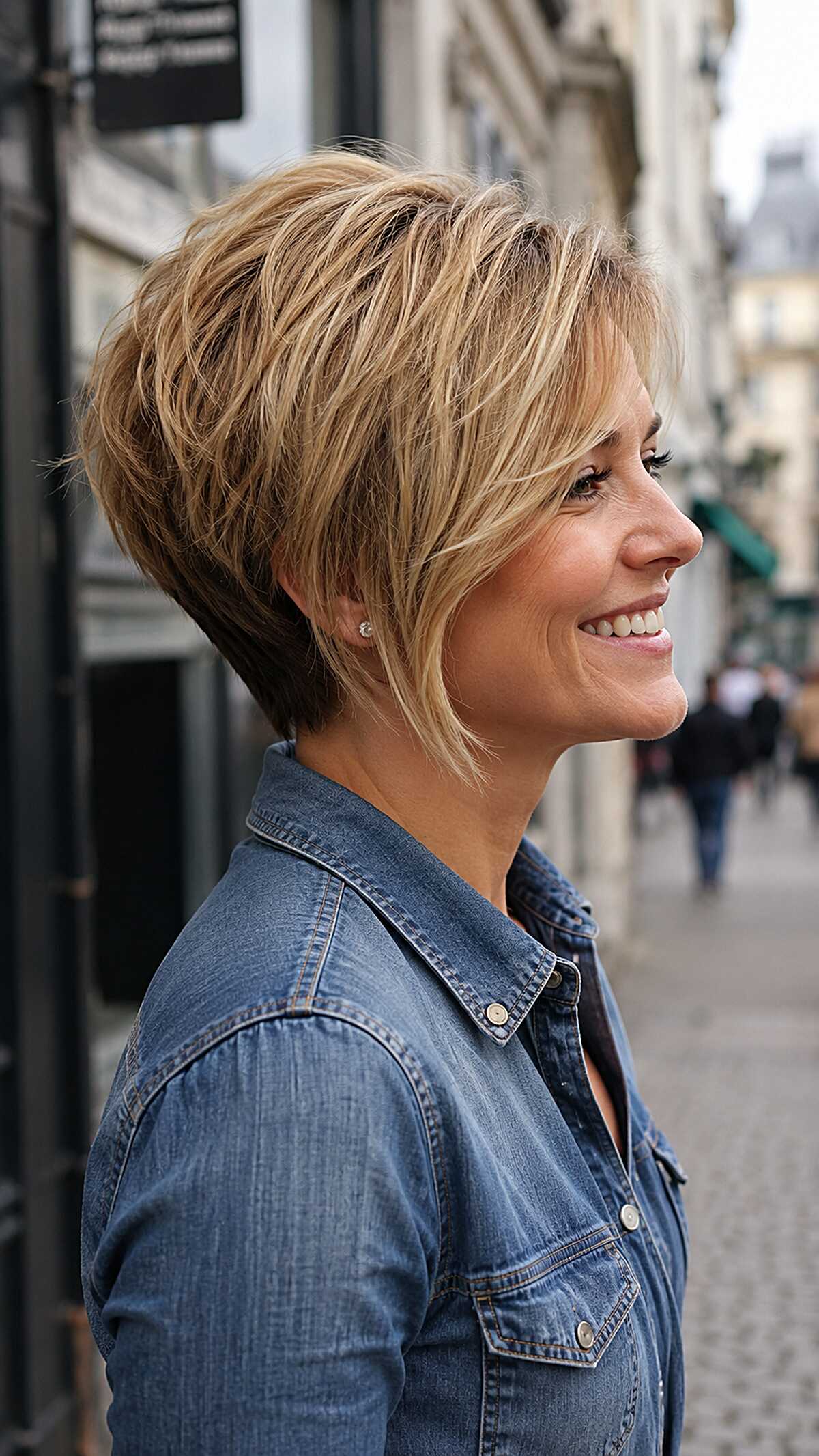 Layered honey blonde angled pixie bob with movement