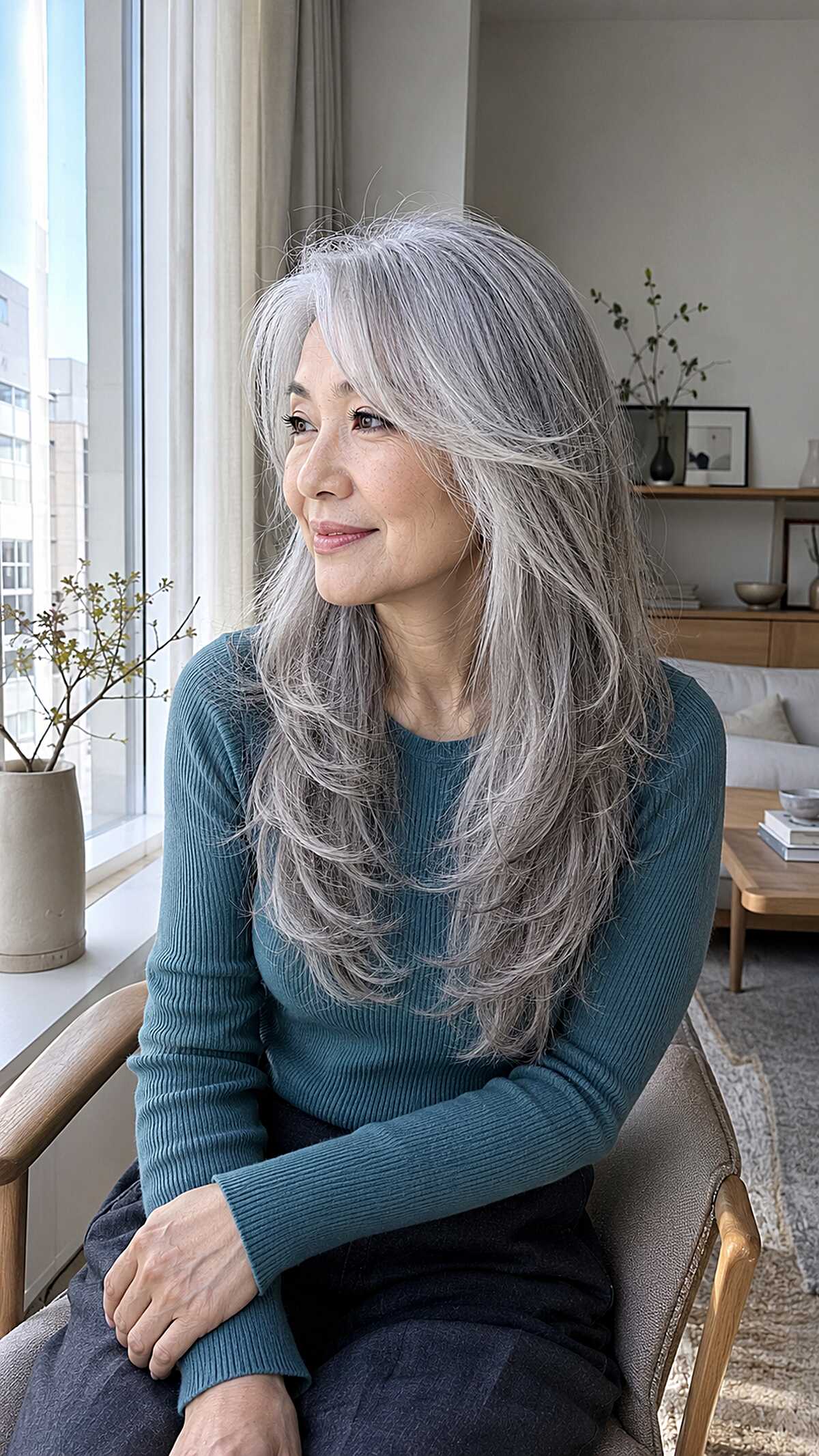Long feathered silver gray hair with soft fringe