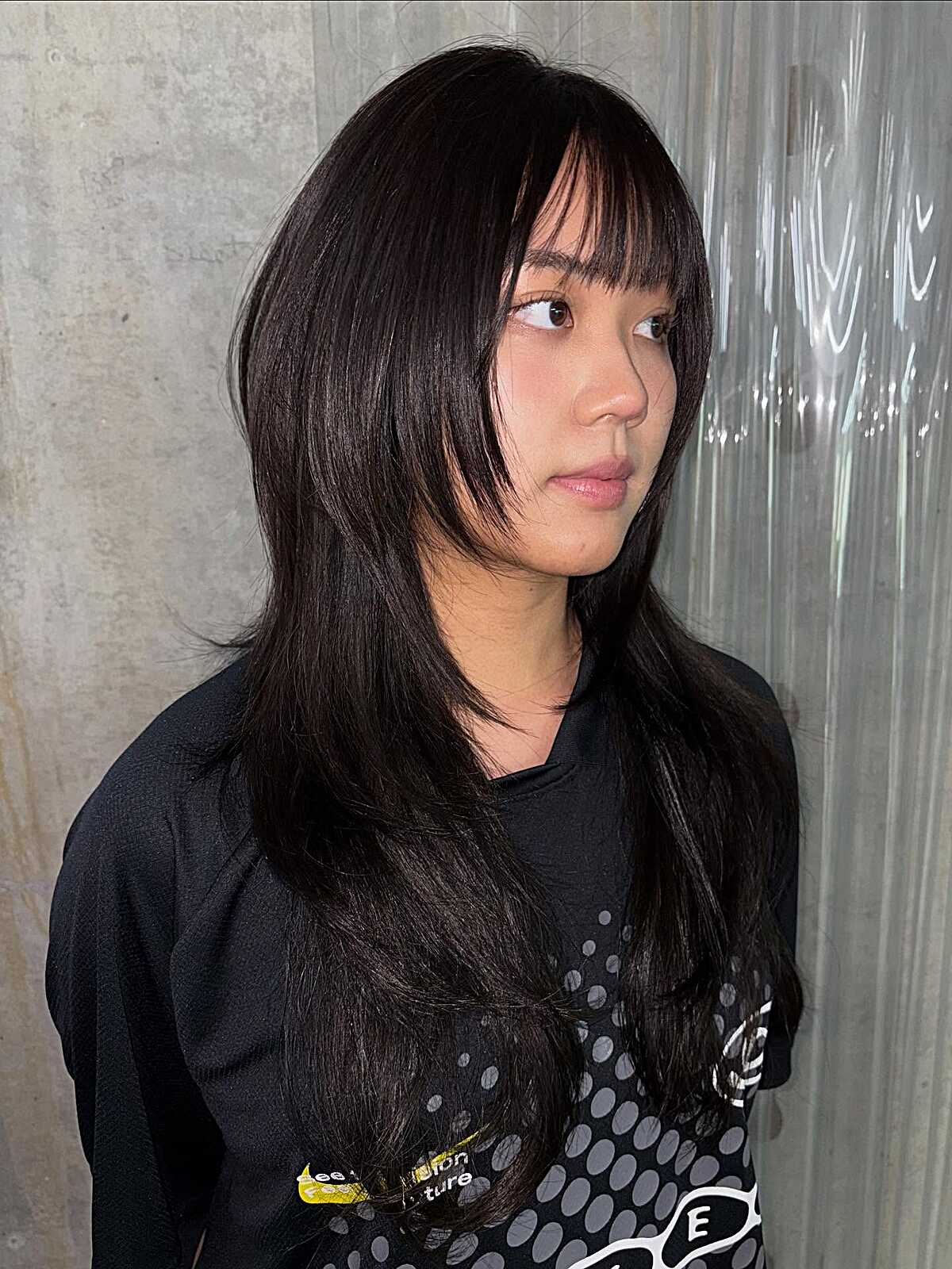 Long jet black hush cut with wispy see-through fringe