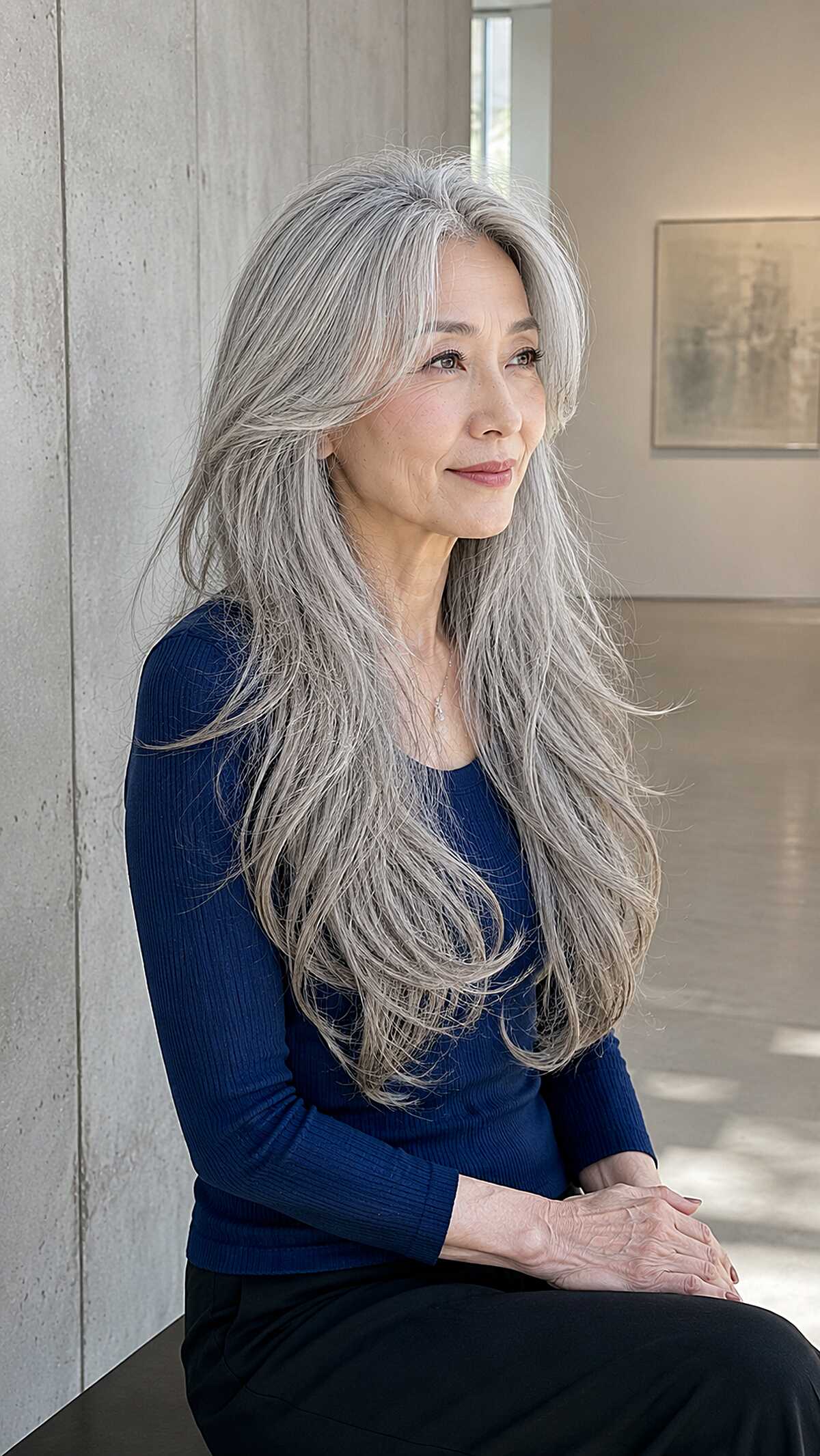 Long silver gray layered hair on an older Asian woman