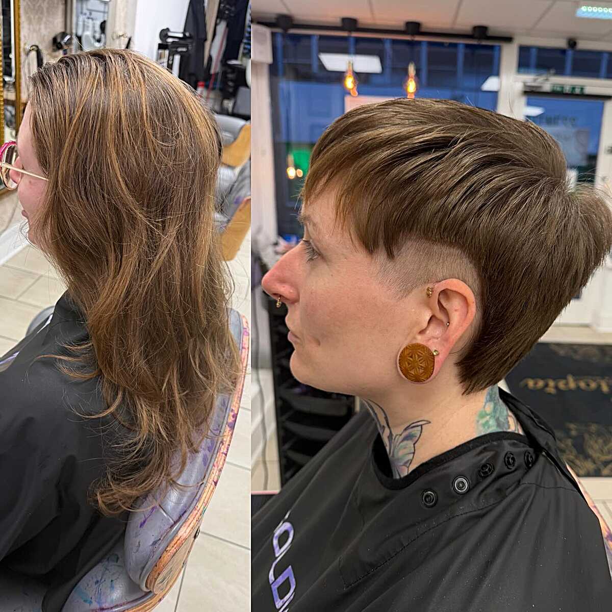 Before and after long hair to short tapered pixie cut