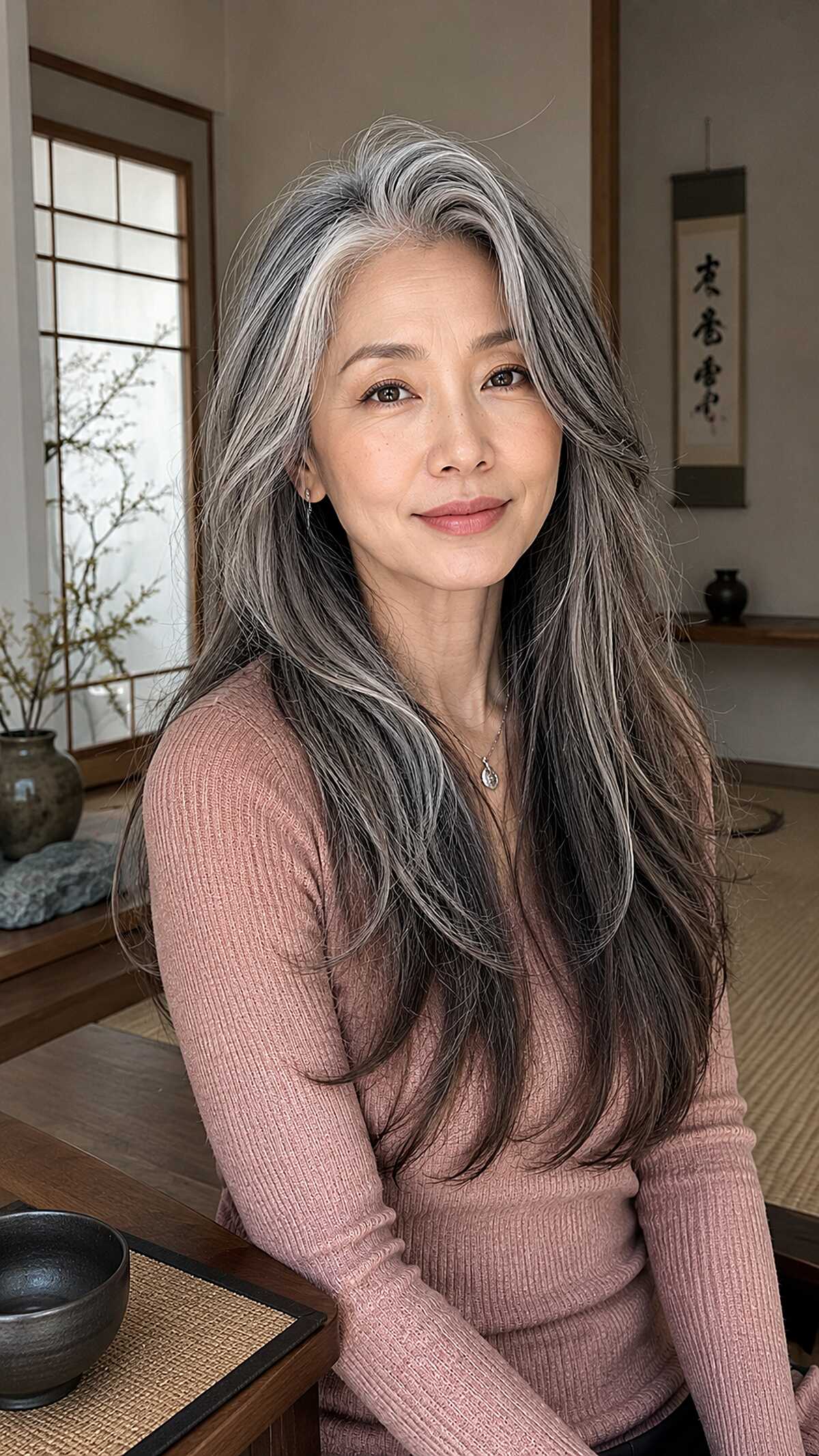 Natural gray and black long hair with layered movement