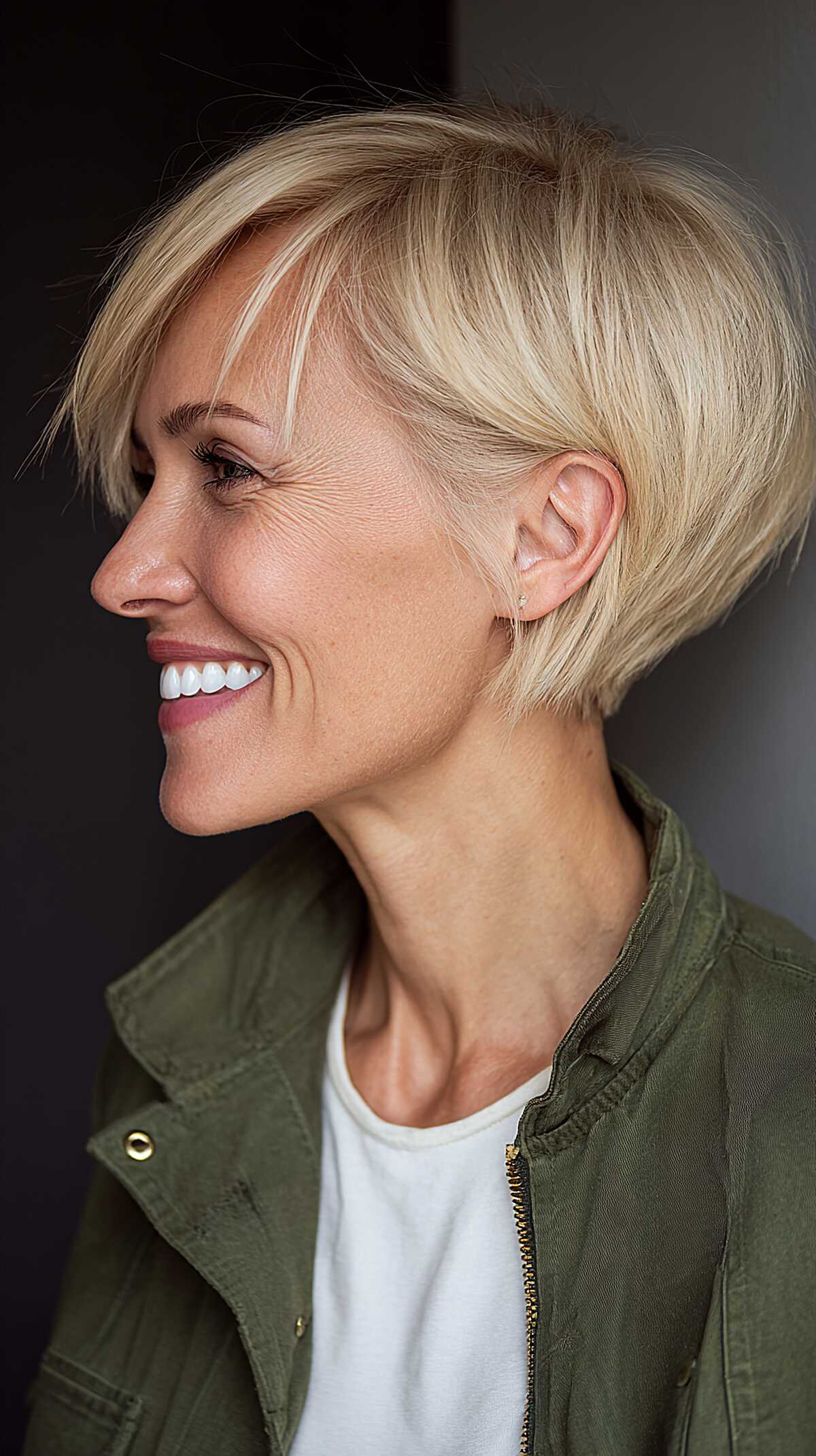 Platinum blonde angled pixie bob with clean sharp lines