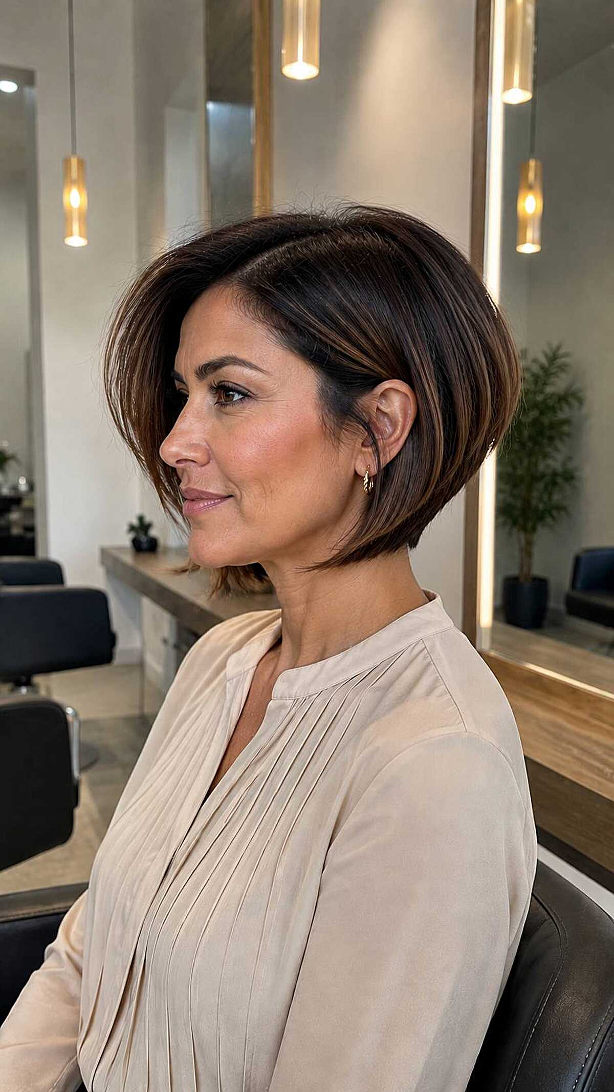 Sleek graduated brunette chin-length bob side view
