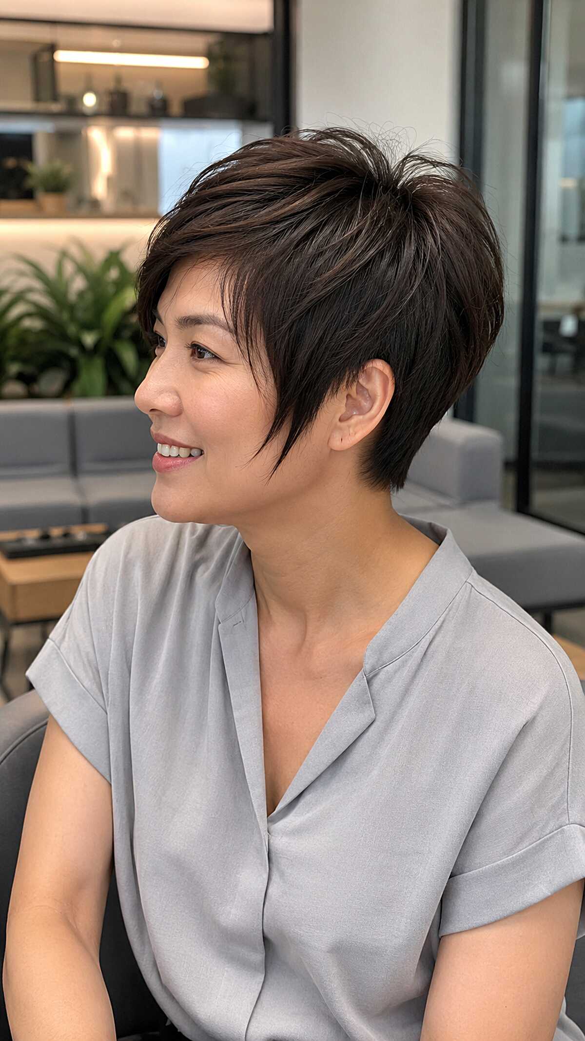 Polished dark brunette angled pixie with crown lift