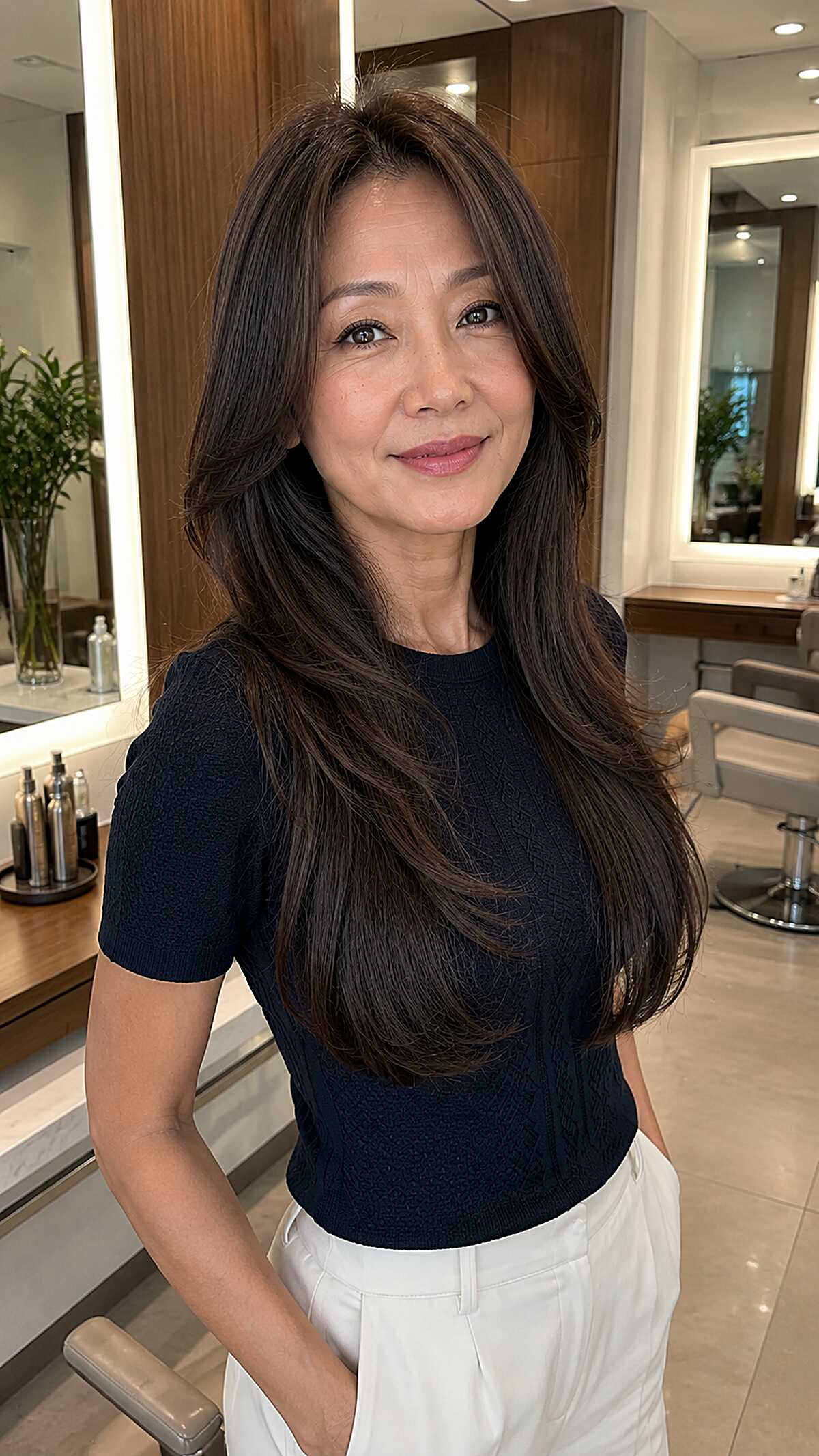 Polished dark brunette long hair with minimal layers