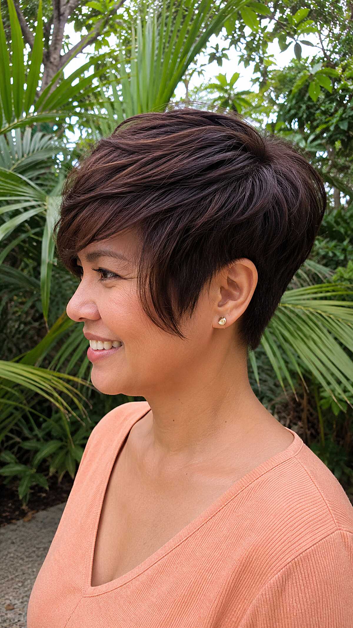 Rich mahogany angled pixie with feathered crown layers