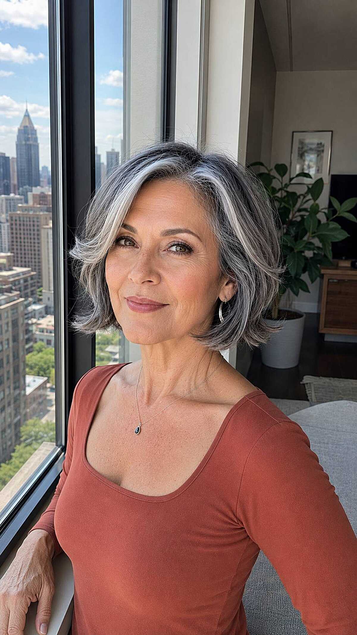 Salt and pepper chin-length bob with white face-framing