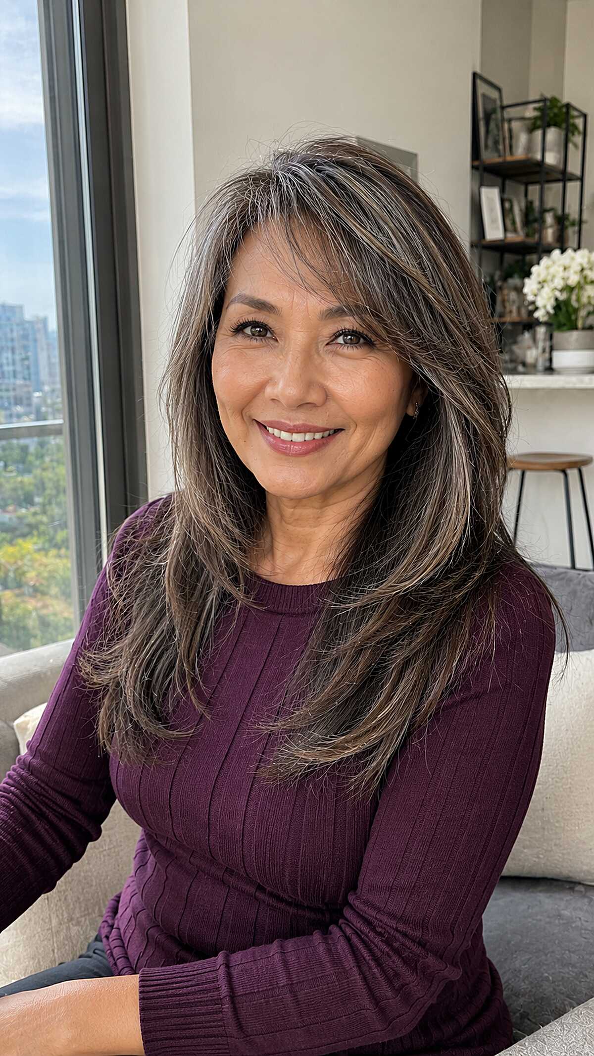 Salt-and-pepper long layered hair with side bangs