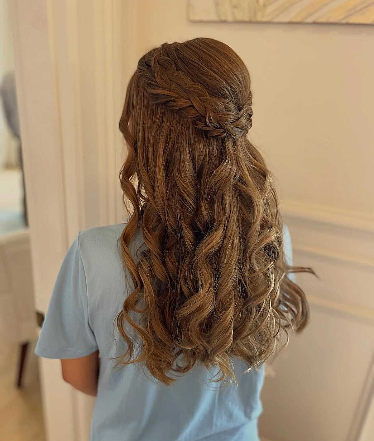 Side Braid Crown with Cascading Curls Half Up