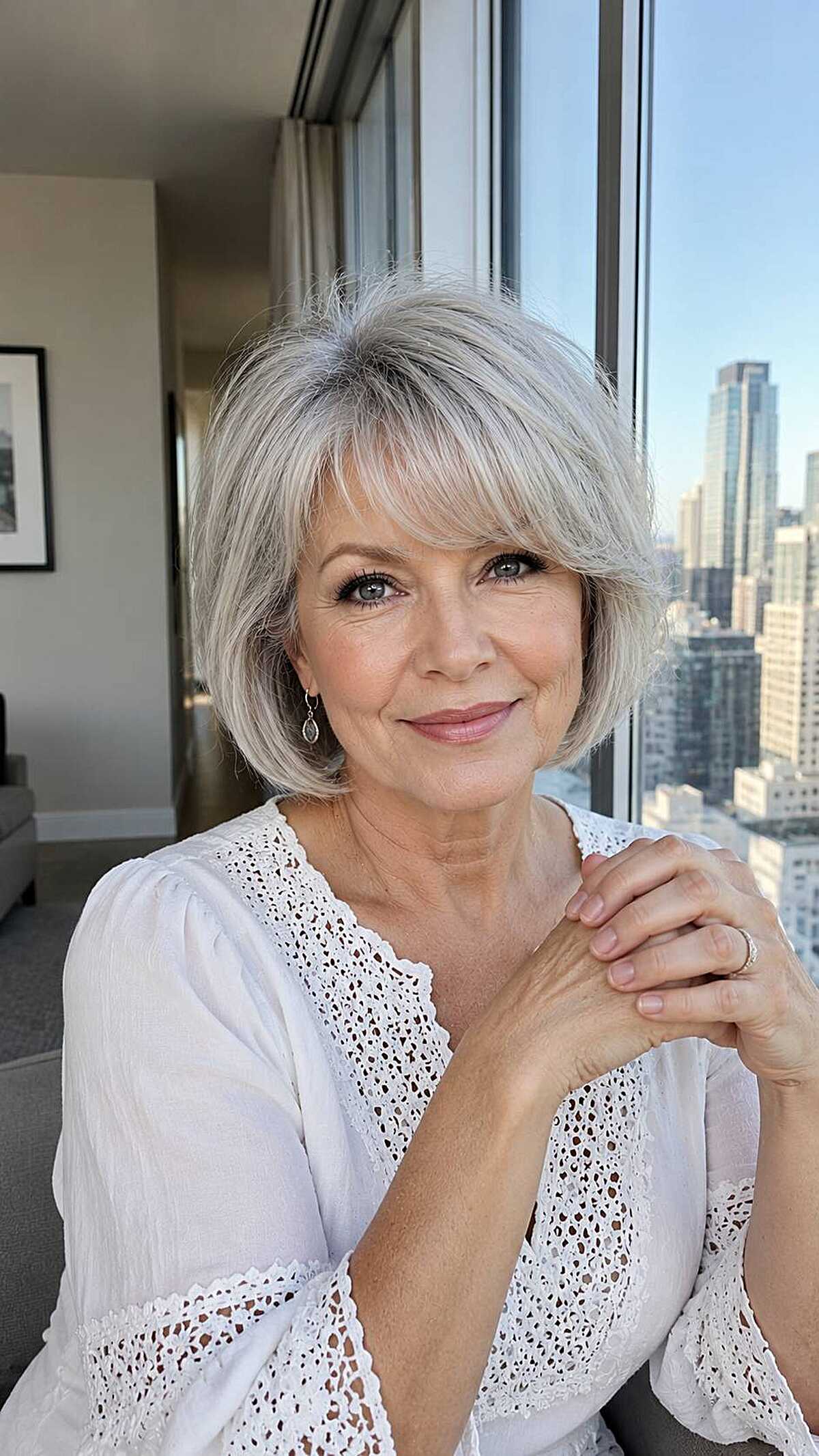 Silver white chin-length bob with full soft bangs