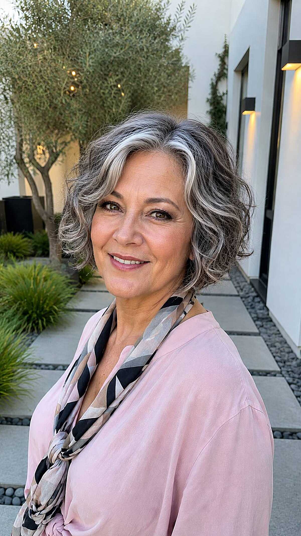 Silver and gray curly chin-length bob with natural waves
