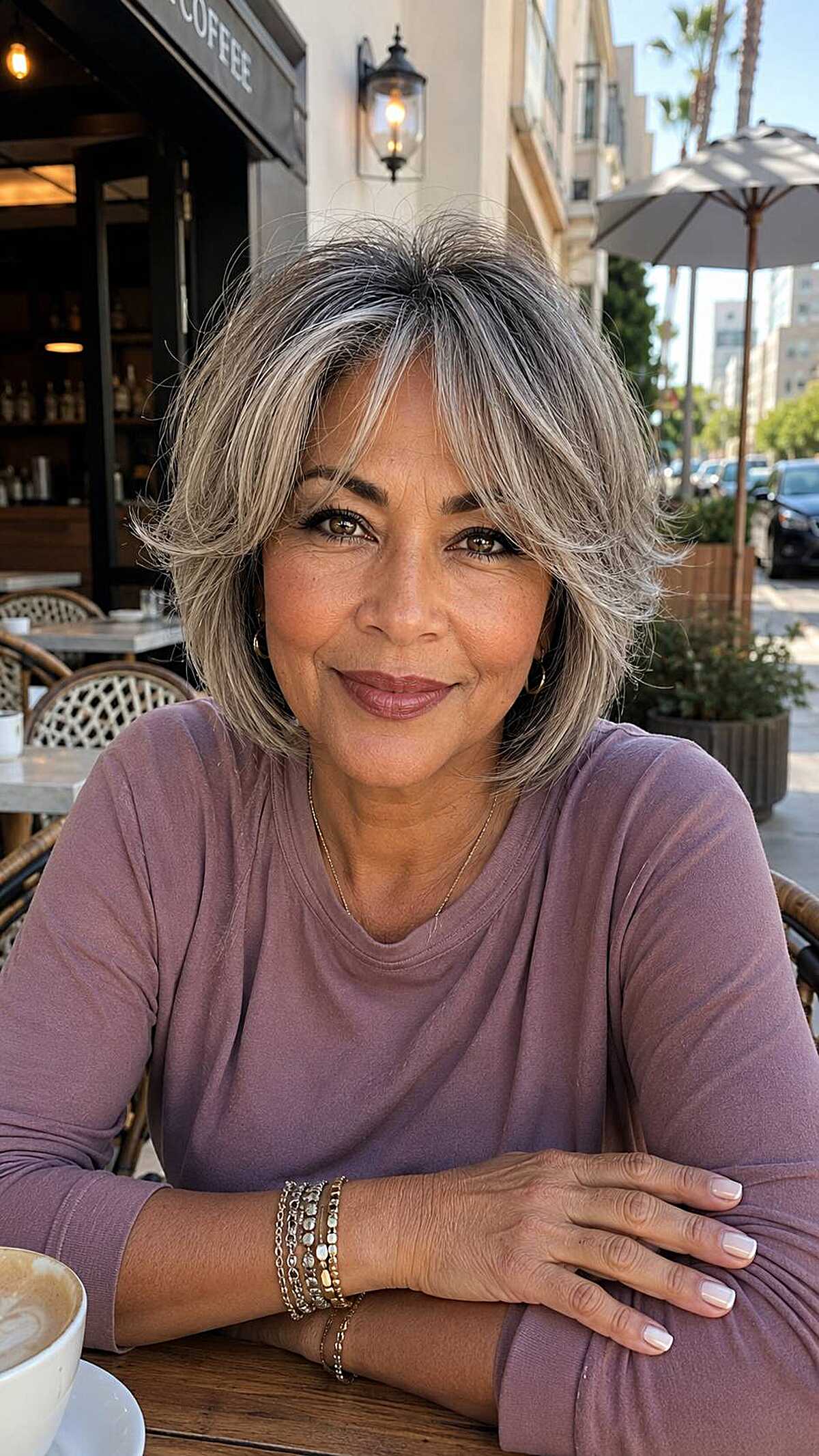 Silver and dark chin-length shag bob with side-swept bangs