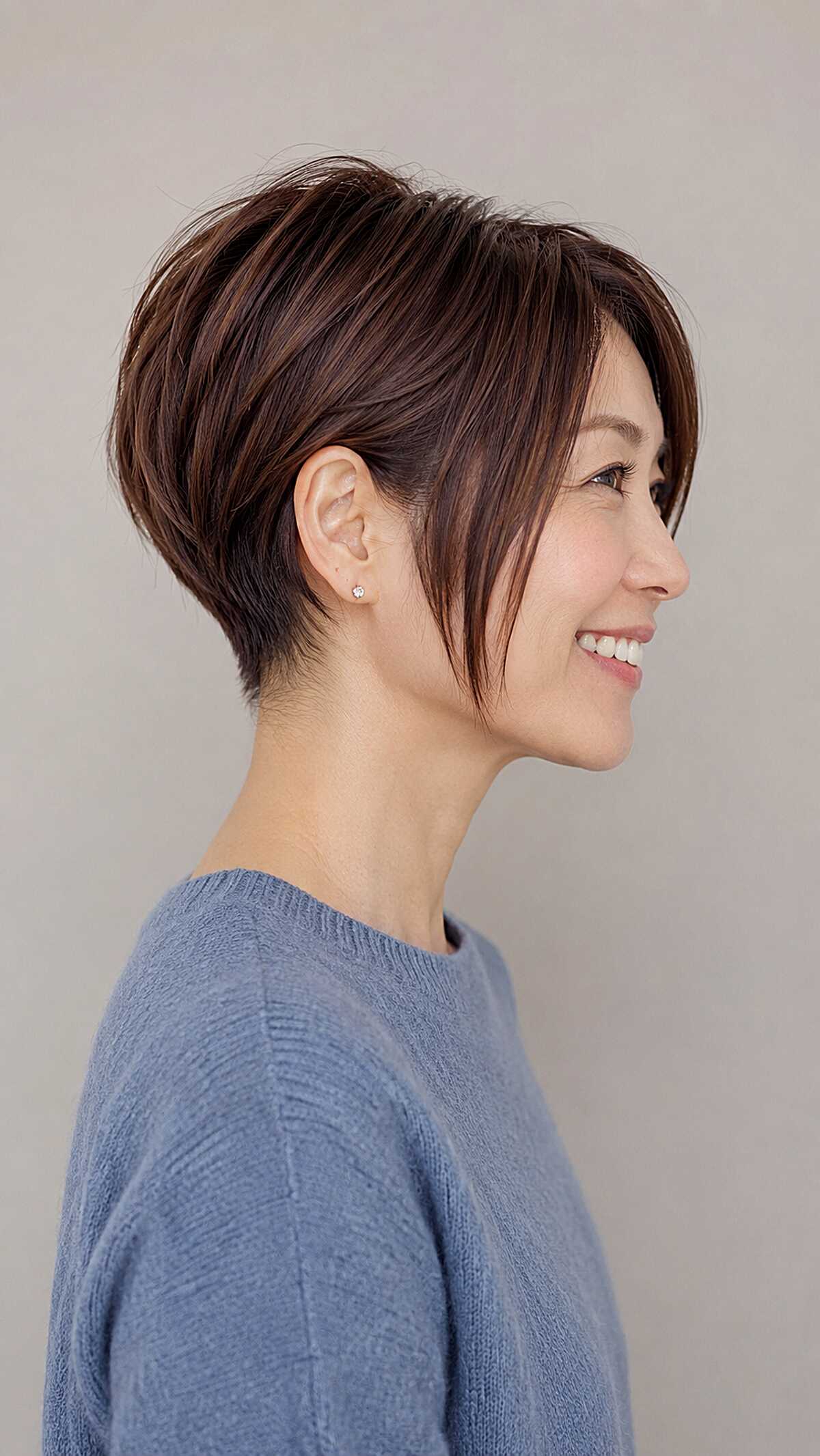 Sleek brunette angled pixie with warm undertones