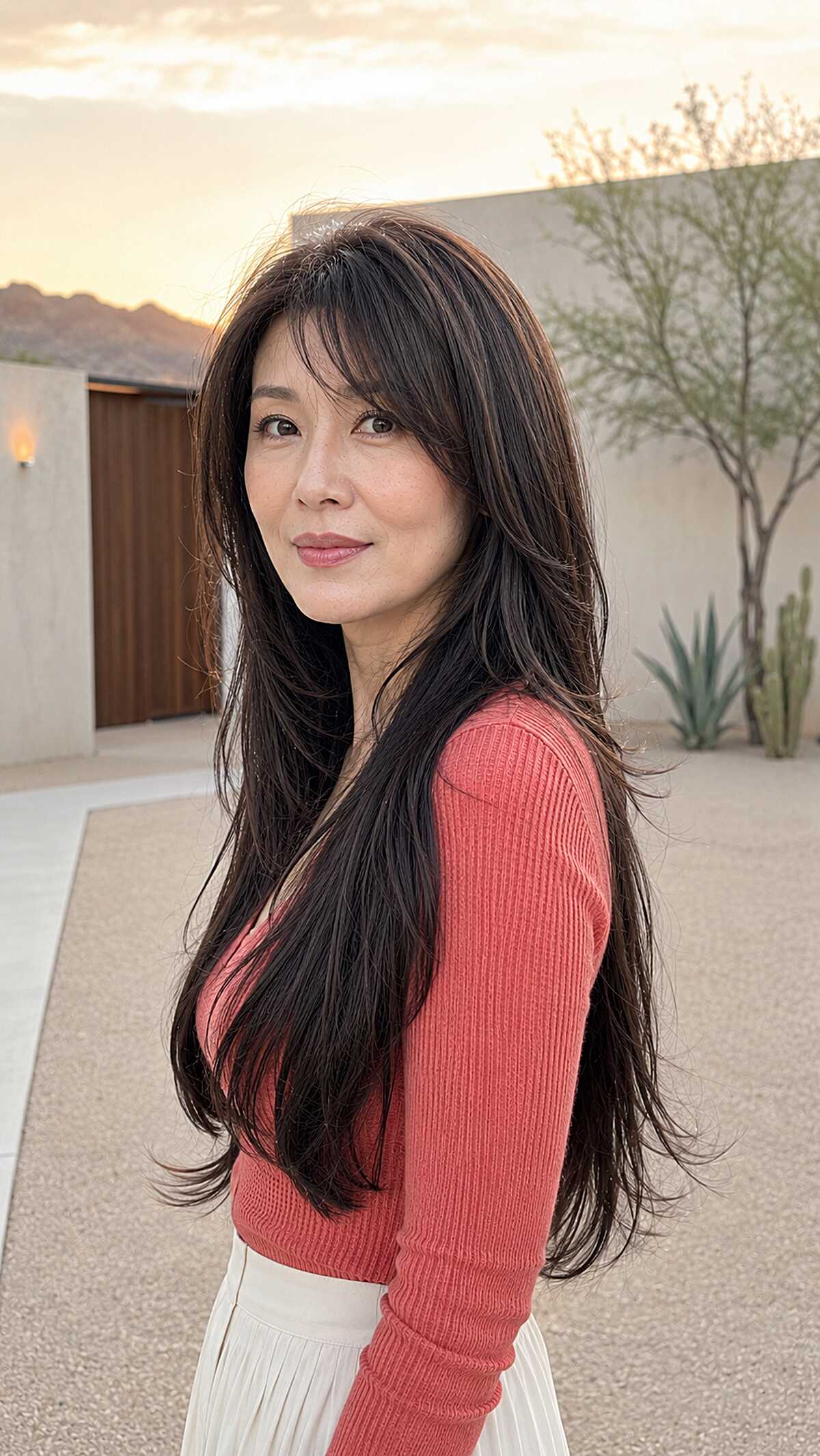 Sleek long dark layered hair with wispy side bangs