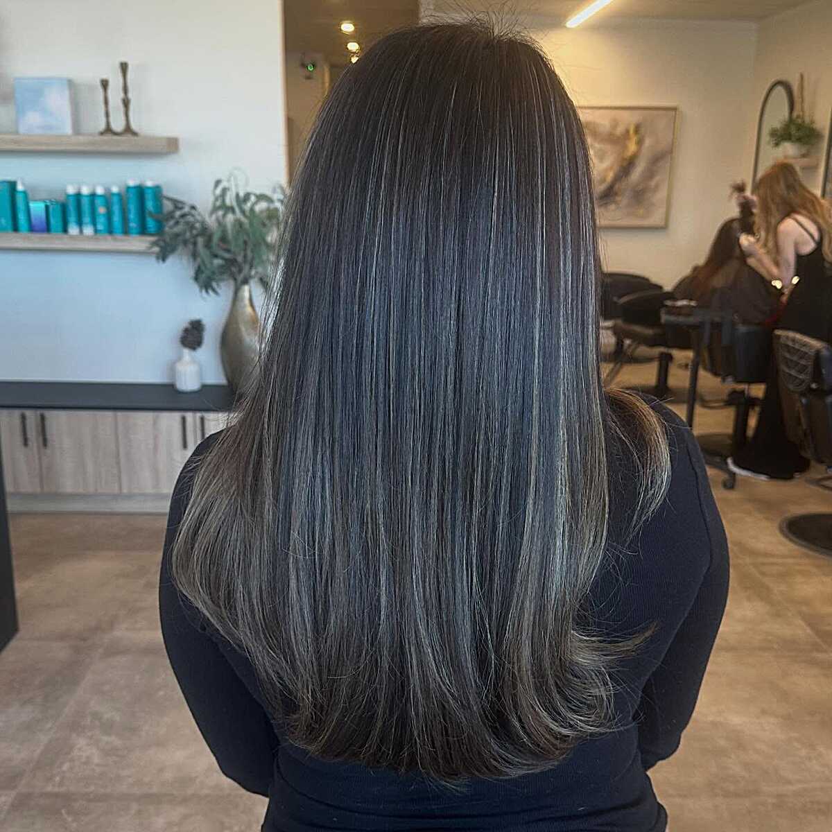 Straight dark hair with fine charcoal-toned babylights