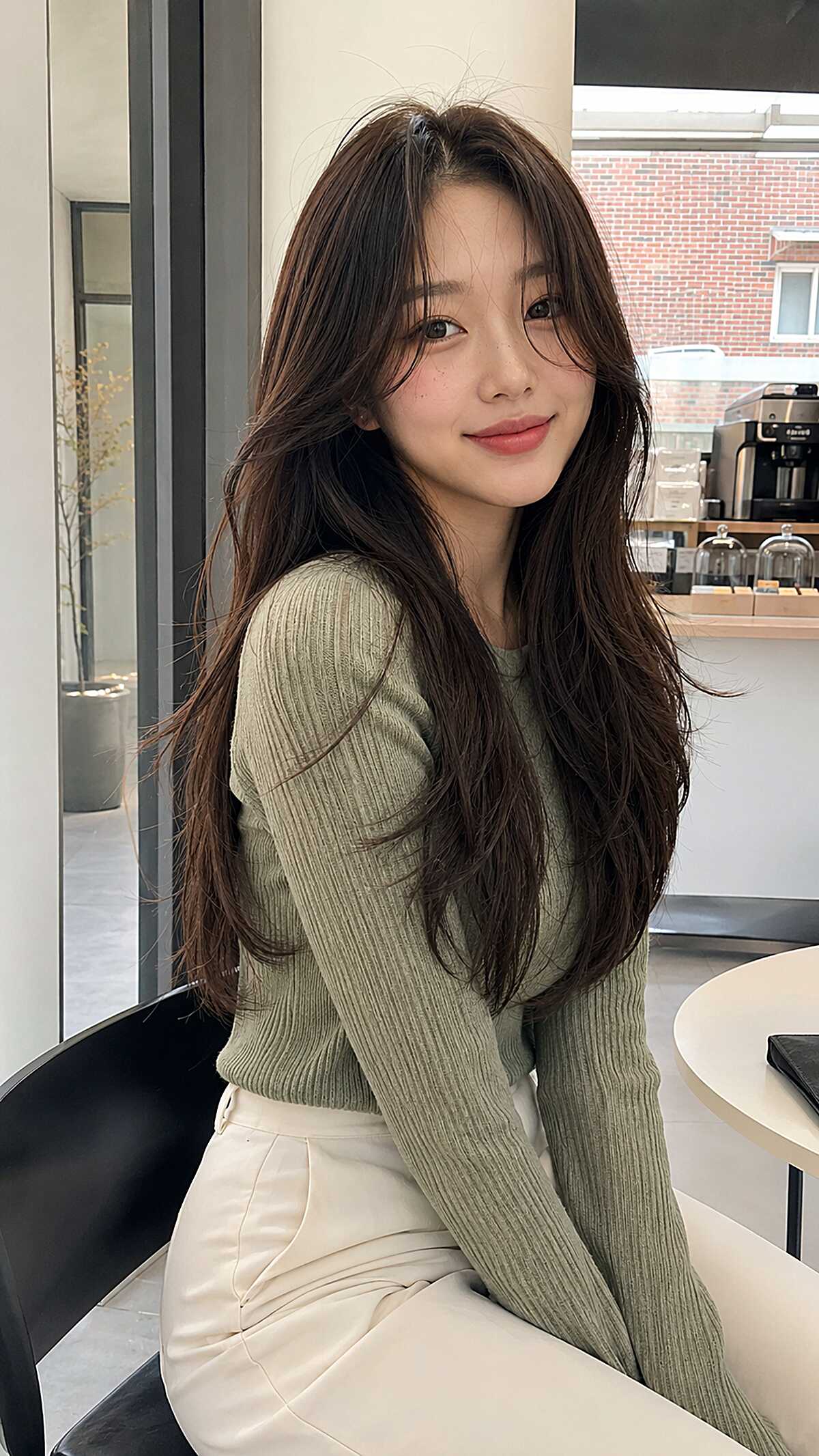 Soft curtain-layered long hair in cool brown