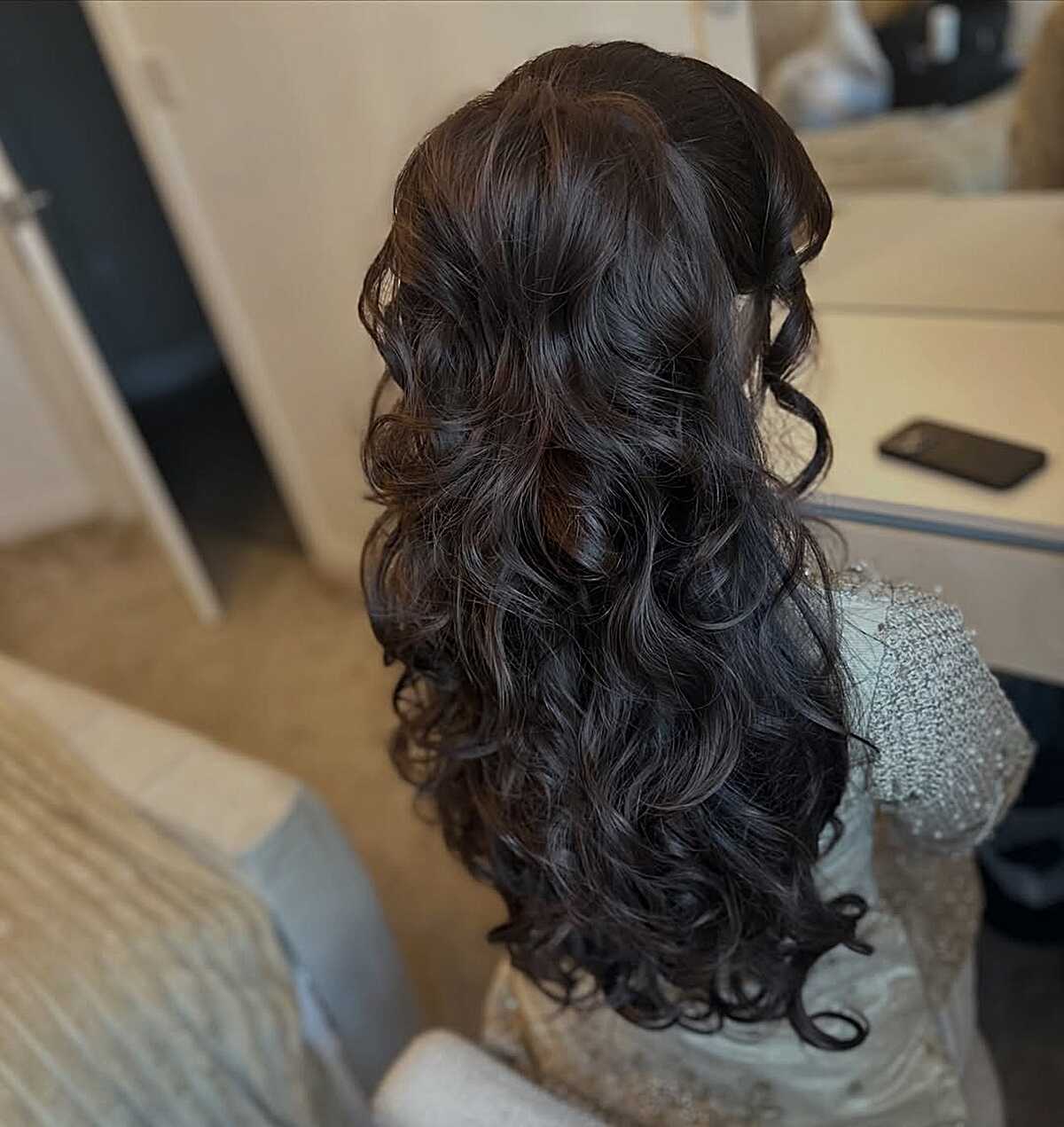 Soft Dark Curls with Crown Volume Half Up