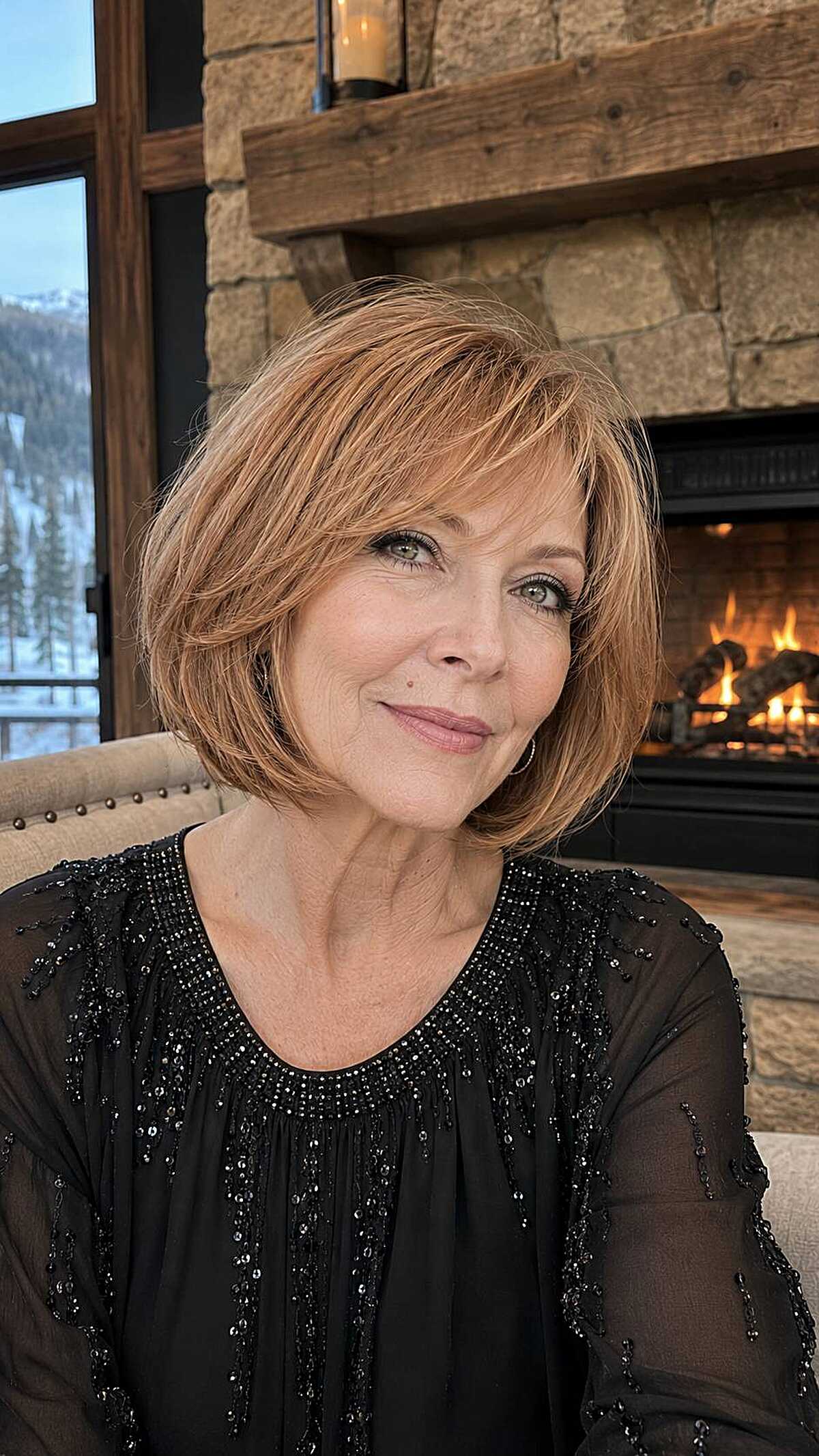 Strawberry copper chin-length bob with curtain bangs