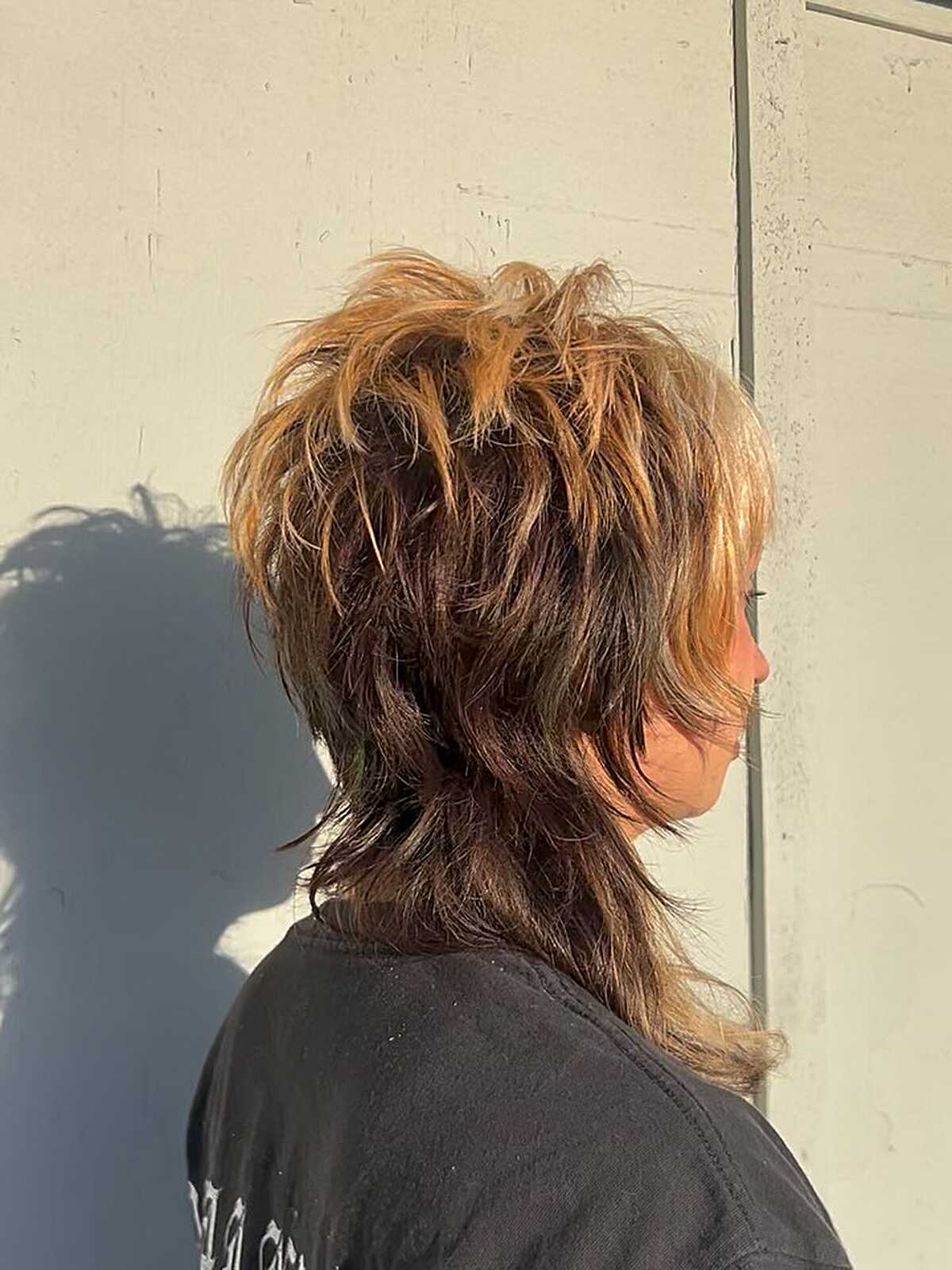 Back view of heavily layered brown shag with blonde tips