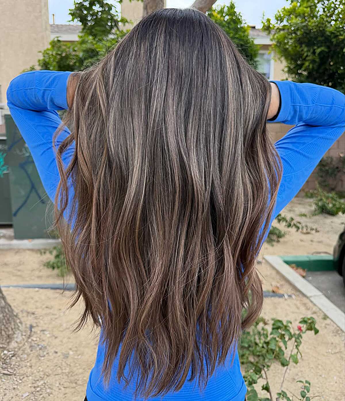 Long layered dark brunette hair with ashy babylights