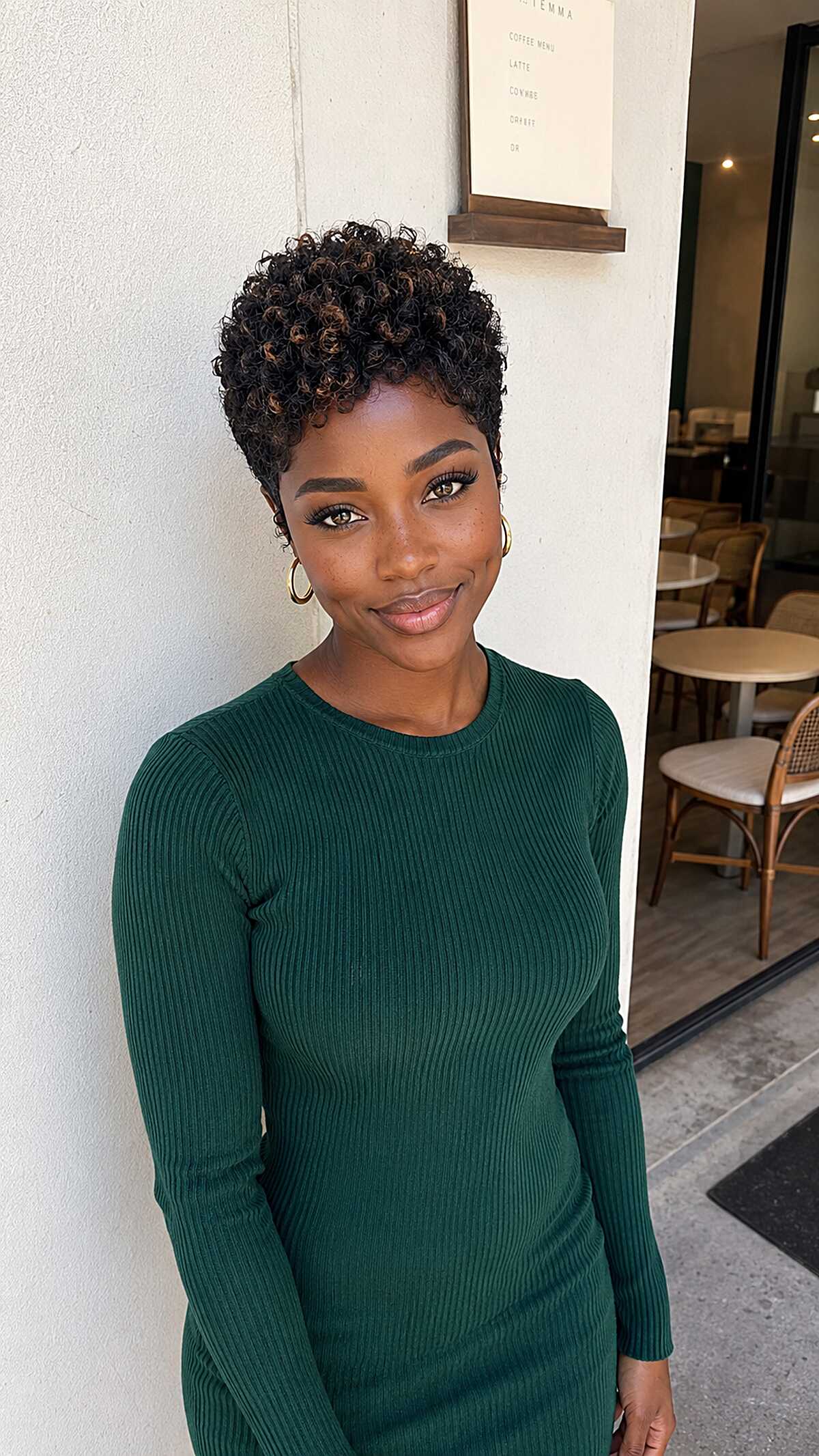 Short tapered natural curls with caramel highlights