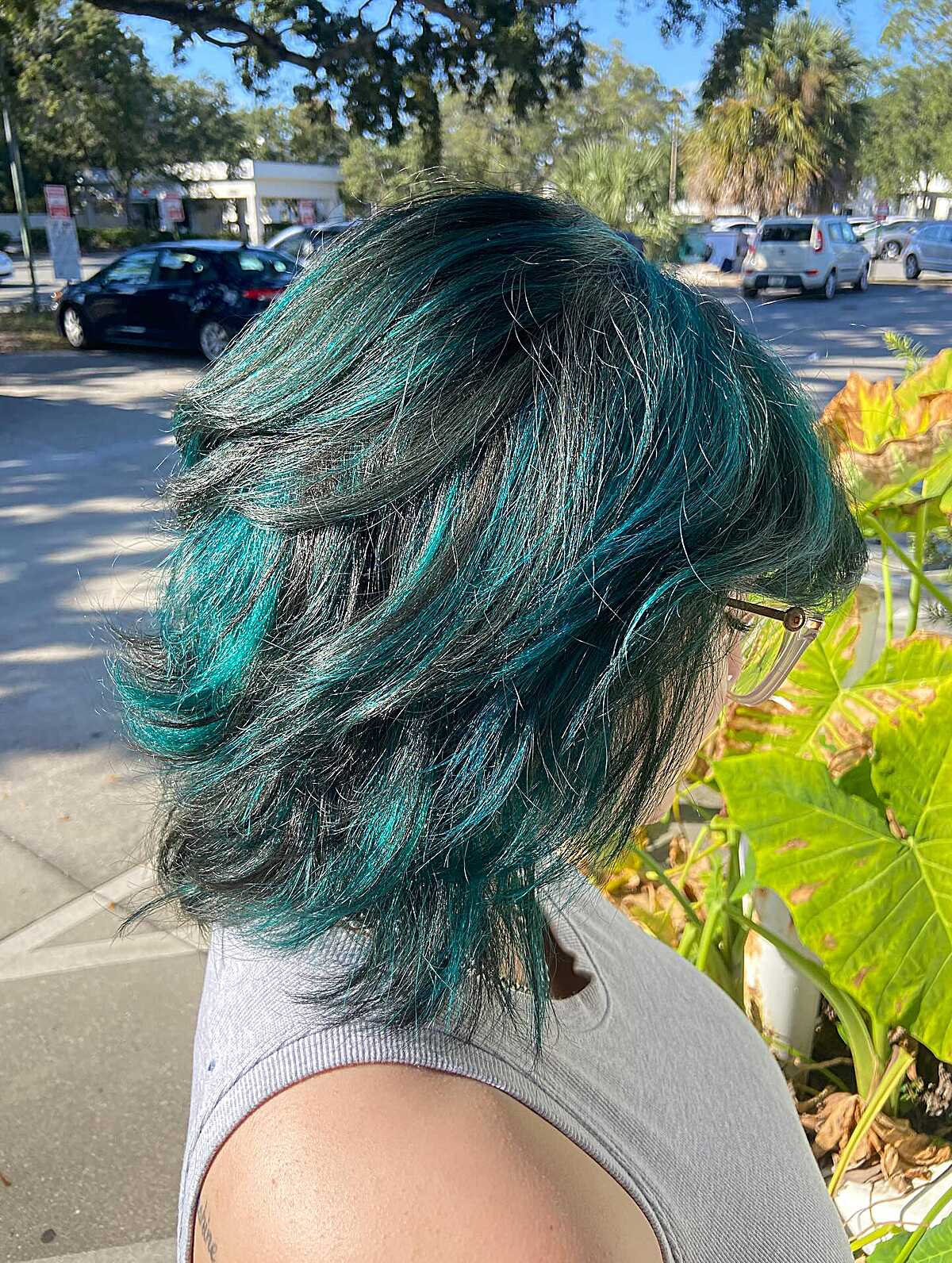 Back view of shaggy bob with teal color over dark base