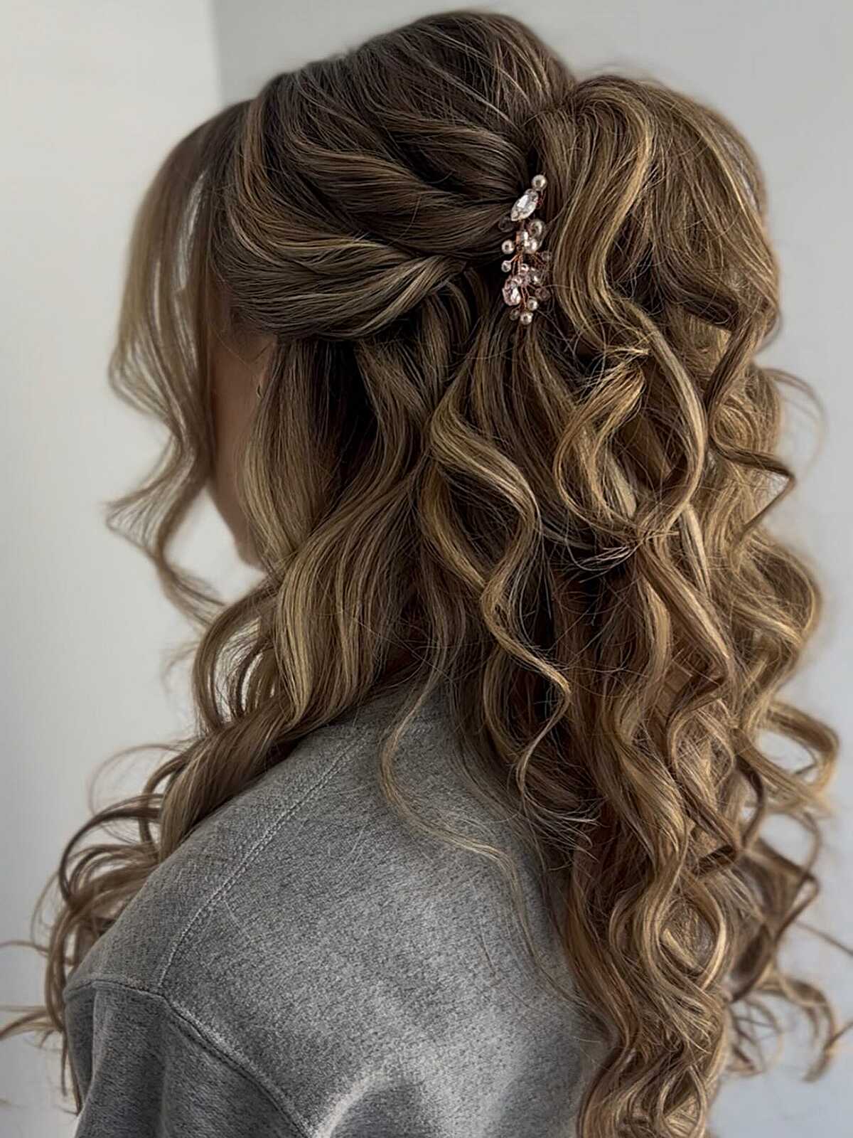 Textured Bun Gather with Jeweled Pin on Bronde Waves